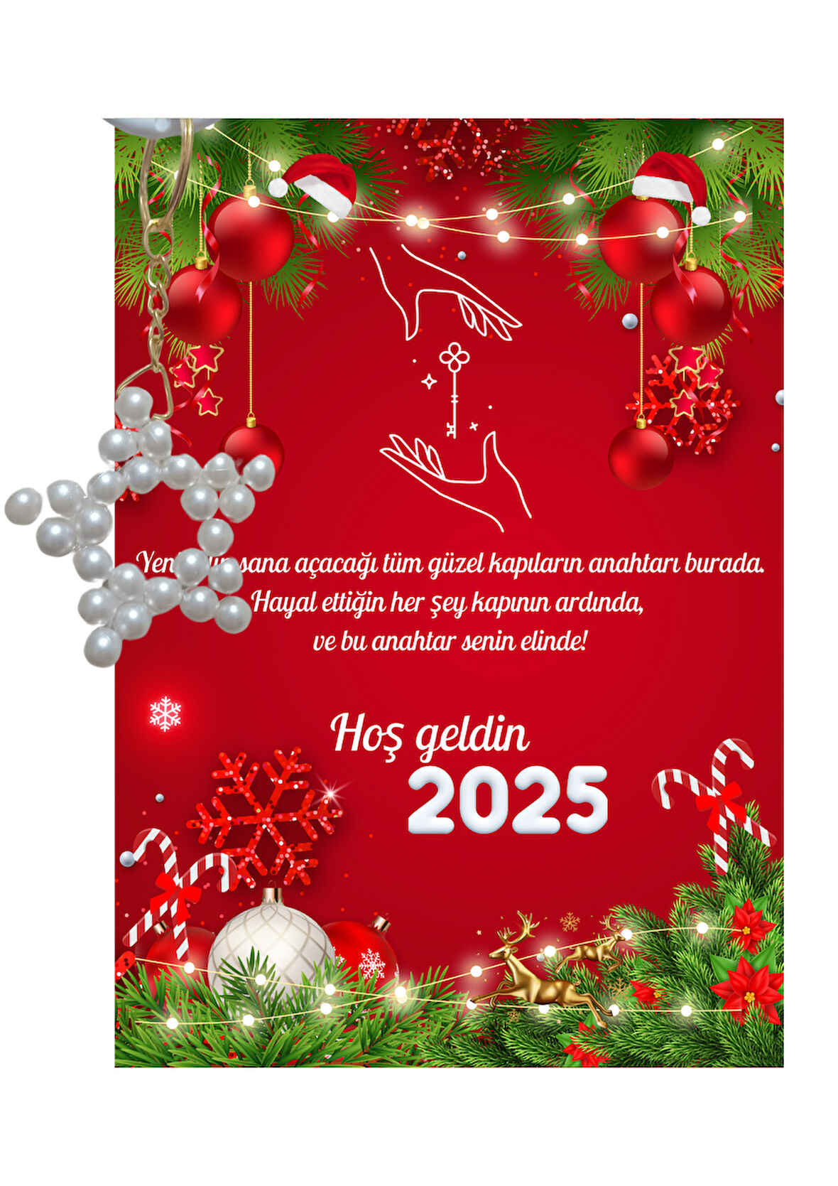 Yeni Yıl Geyik Kart Üzerinde Anahtarlık (Kişiye Özel Yazı Yazdırılabilir) Yıldız Model