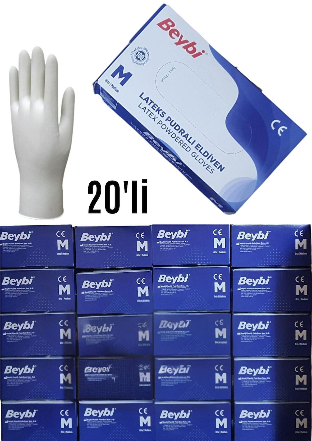 Lateks Pudralı Eldiven 100'lük 20 Kutu 1 Koli M