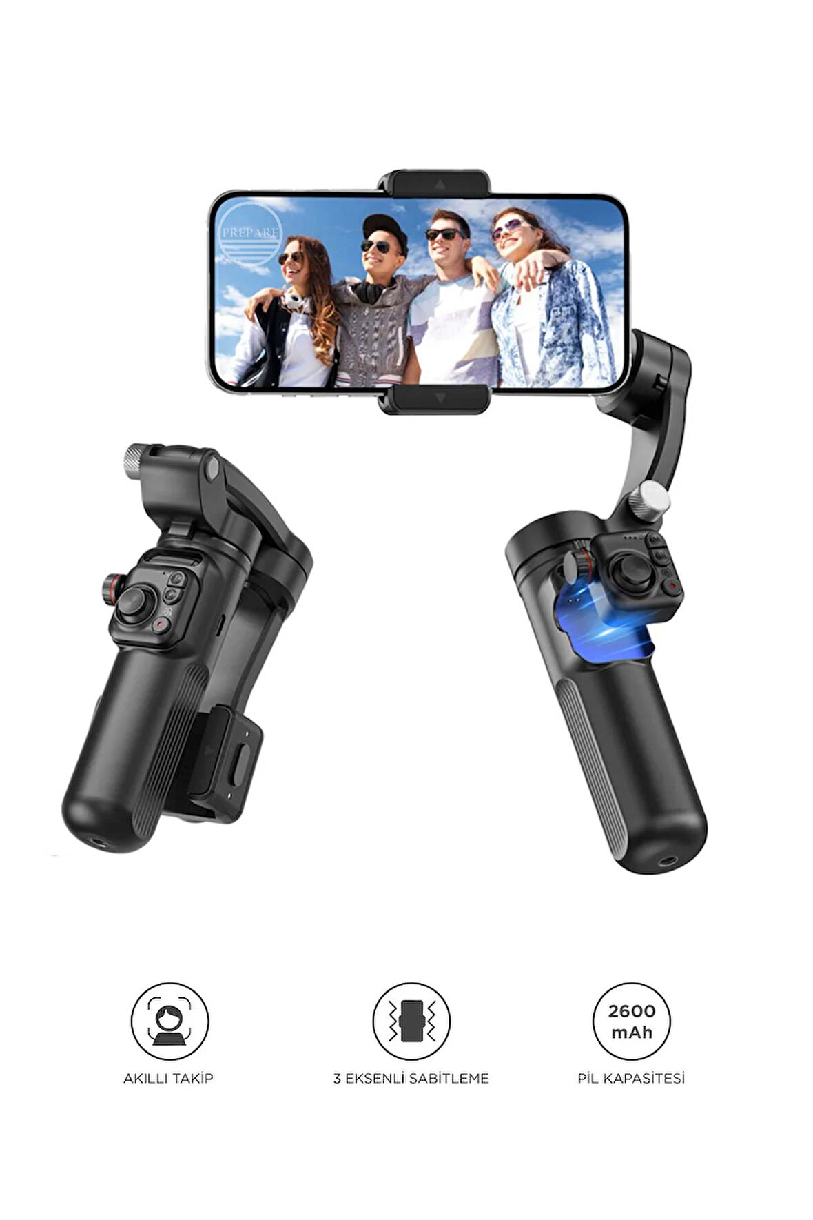 3 Eksenli Akıllı Telefon Gimbal Tripodlu El Stabilizatörü, 2600 mAh iPhone ve Android ile Uyumlu M02