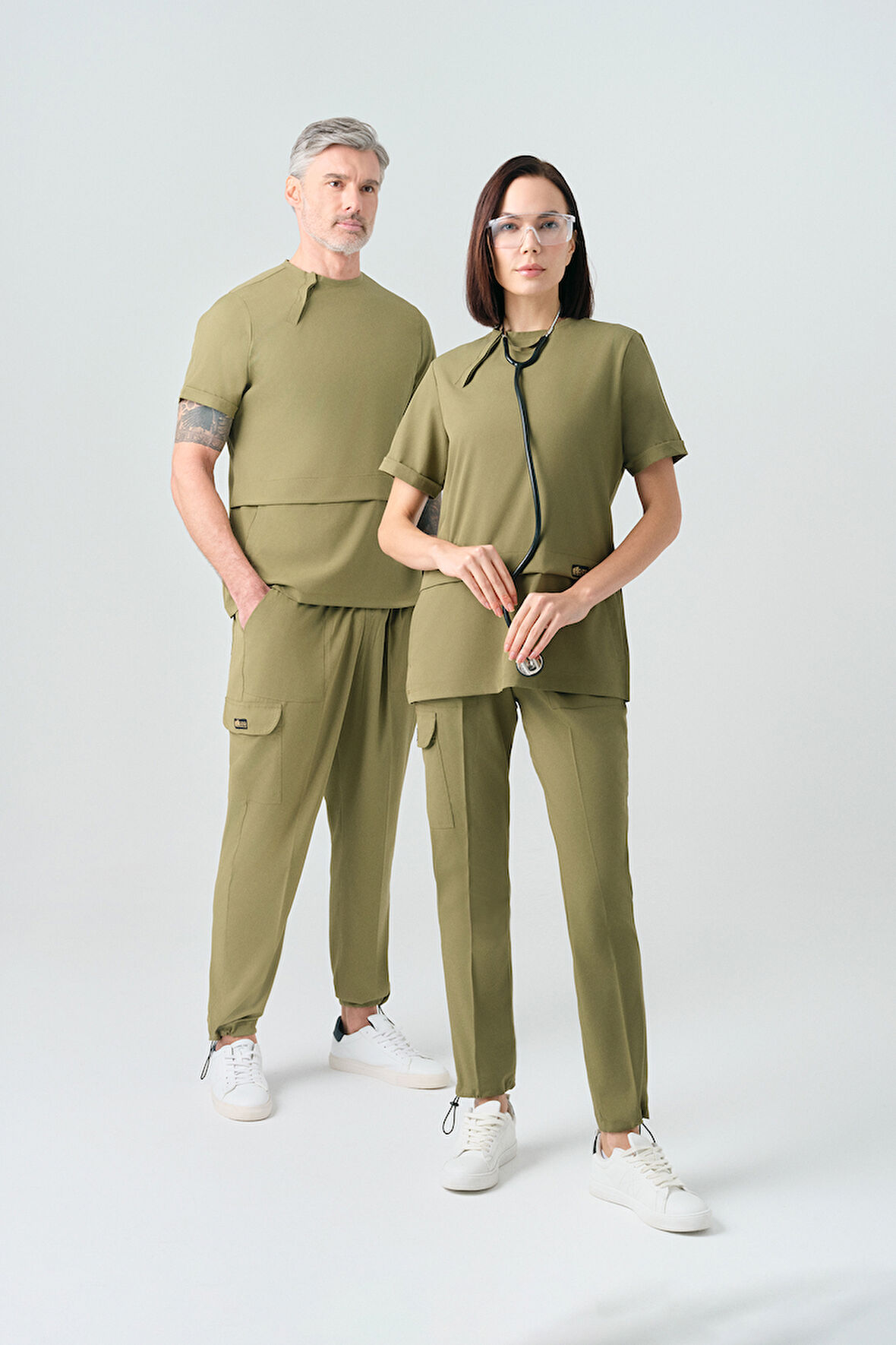 Haki Zero Best Likra Scrubs Takım Çift Yönlü Esnek Kumaş Doktor Hemşire Üniforması