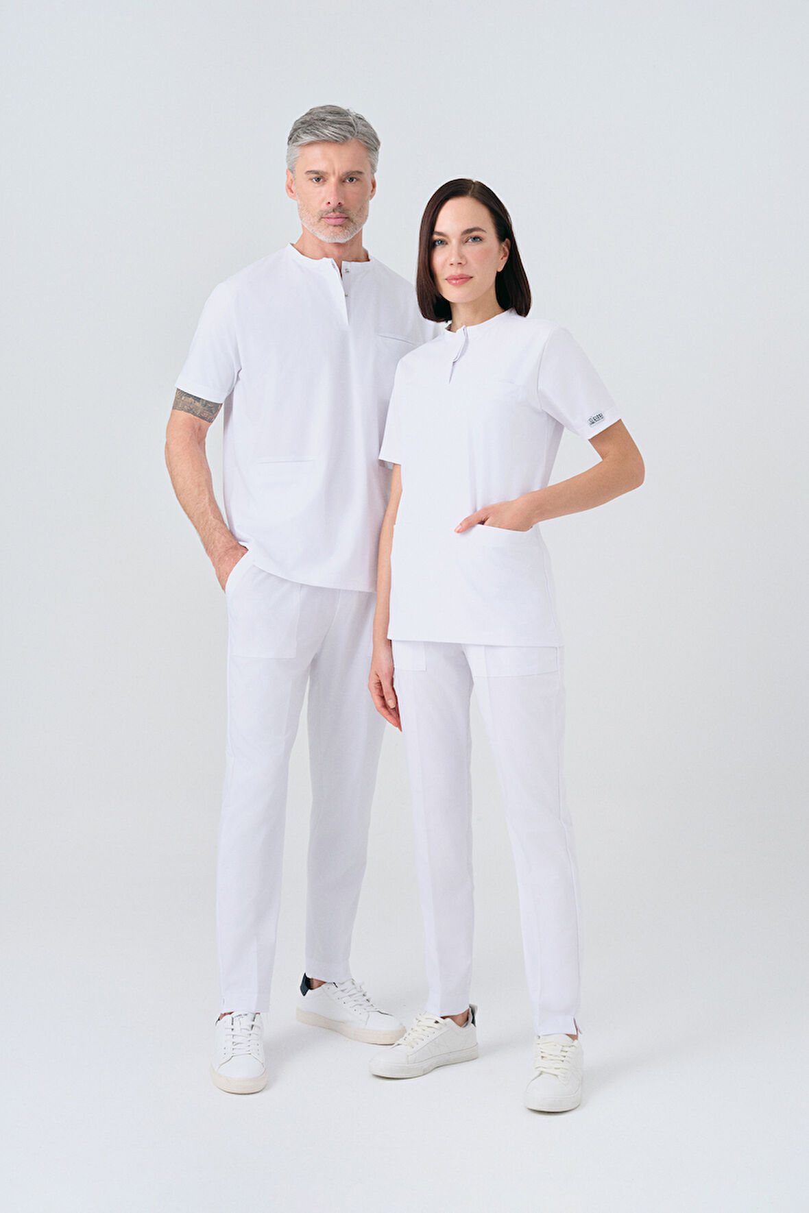 Beyaz Cool Best Likra Scrubs Takım Çift Yönlü Esnek Kumaş Doktor Hemşire Üniforması