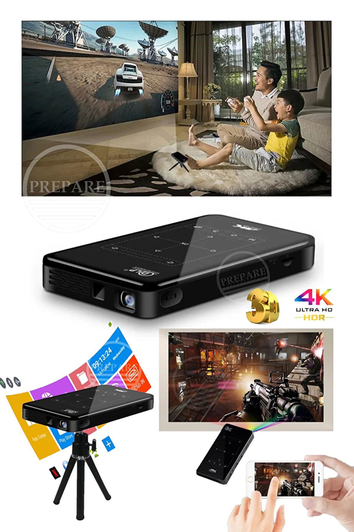 4K Ultra HD Mini Seyahat Projektörü Ev Ofis Toplantı Sunum Sinema Oyun Tripotlu HDMI Bluetooth WiFi