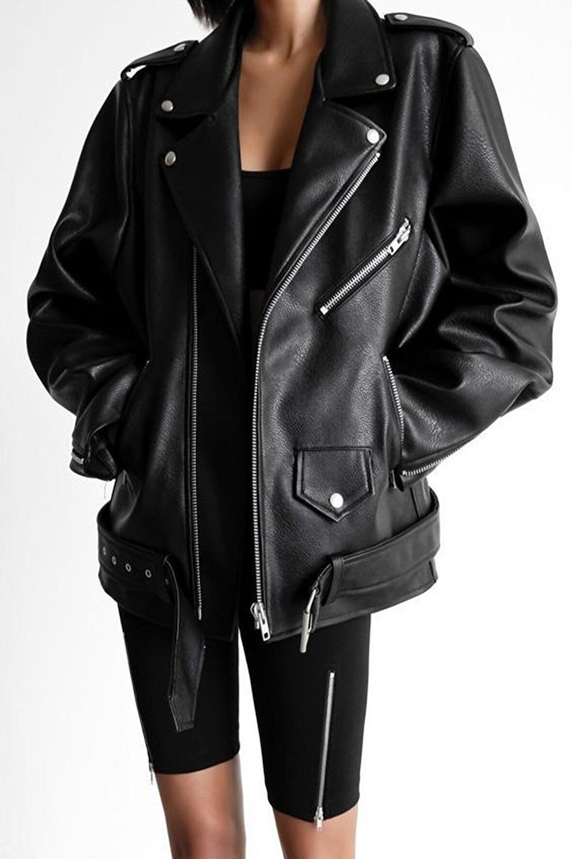 Prifaldi Oversize Uzun Kadın Siyah Deri Ceket 