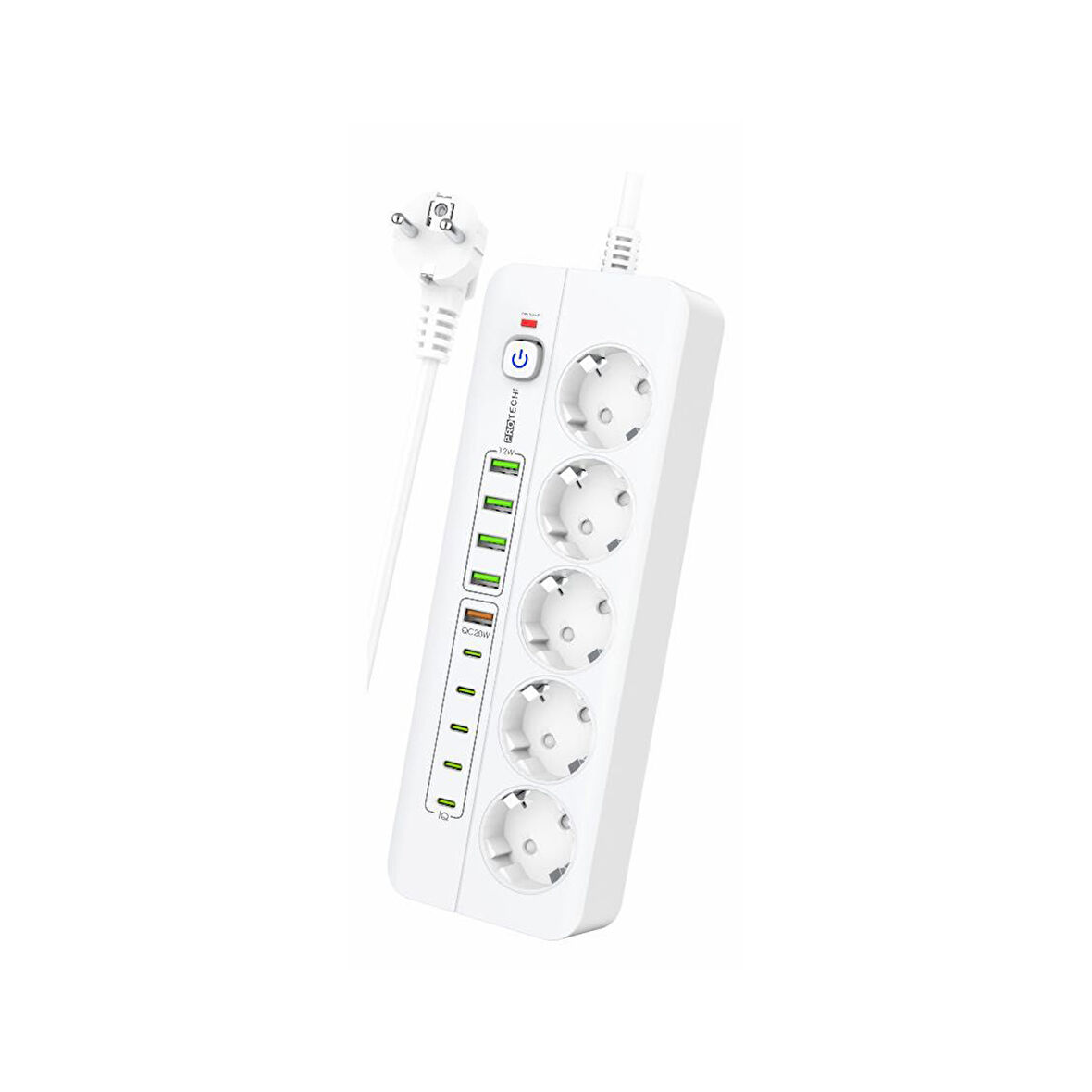3000W Yeni Tasarım Akım Korumalı 5 USB'li ve 5 TYPE-C li 5'lı Grup Priz 2 m Uzatma Kablosu Beyaz