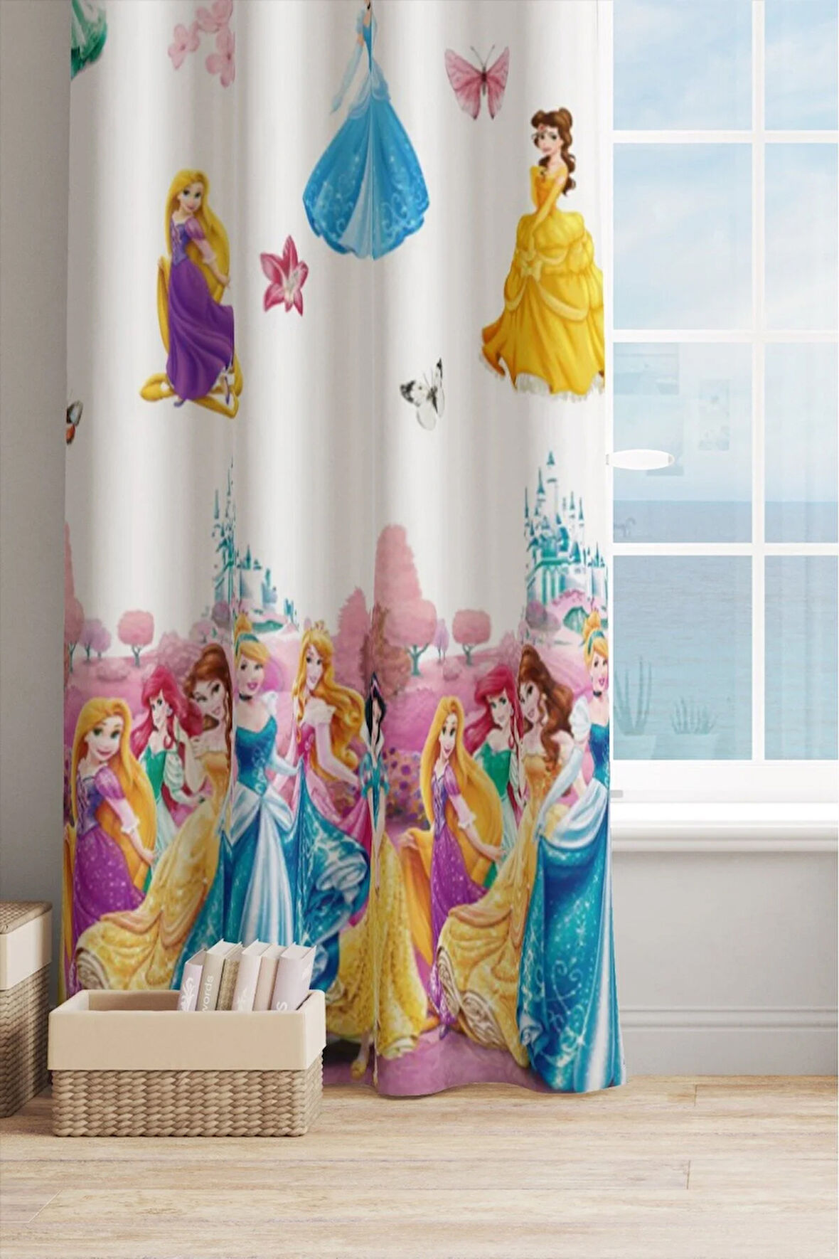 Prenses Desenli Model Renkli Kız Çocuk Odası 2Kat Pileli Güneşlik Fon Perde