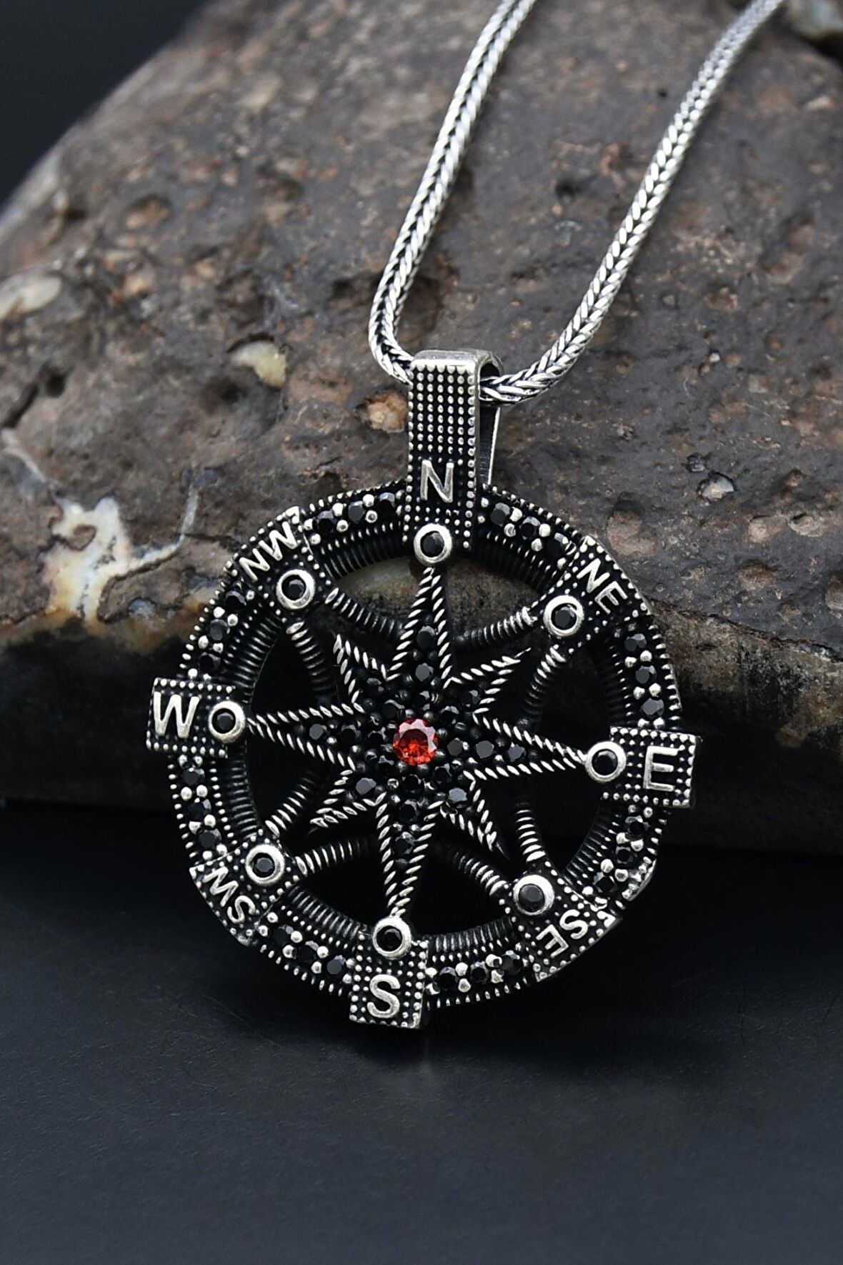 Kutup Yıldızlı Pusula 925 Ayar Erkek Gümüş Kolye Zincir