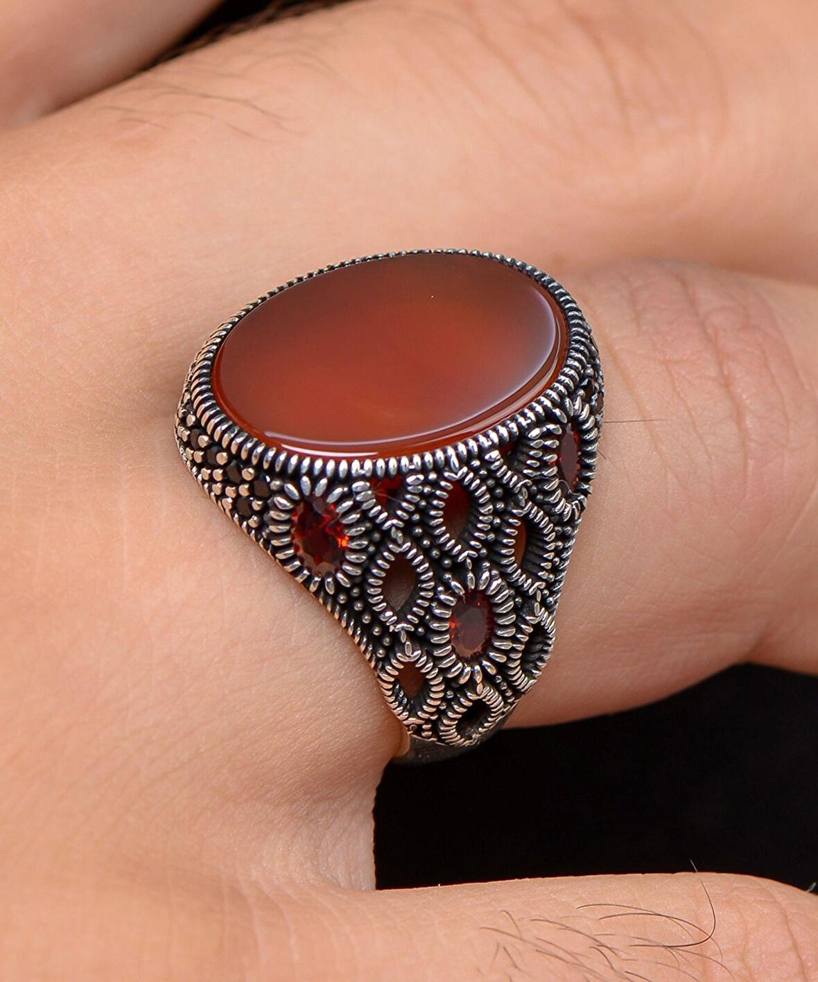 Akik Taşlı Zirkon Taş Süslemeli 925 Ayar Gümüş Erkek Yüzüğü 