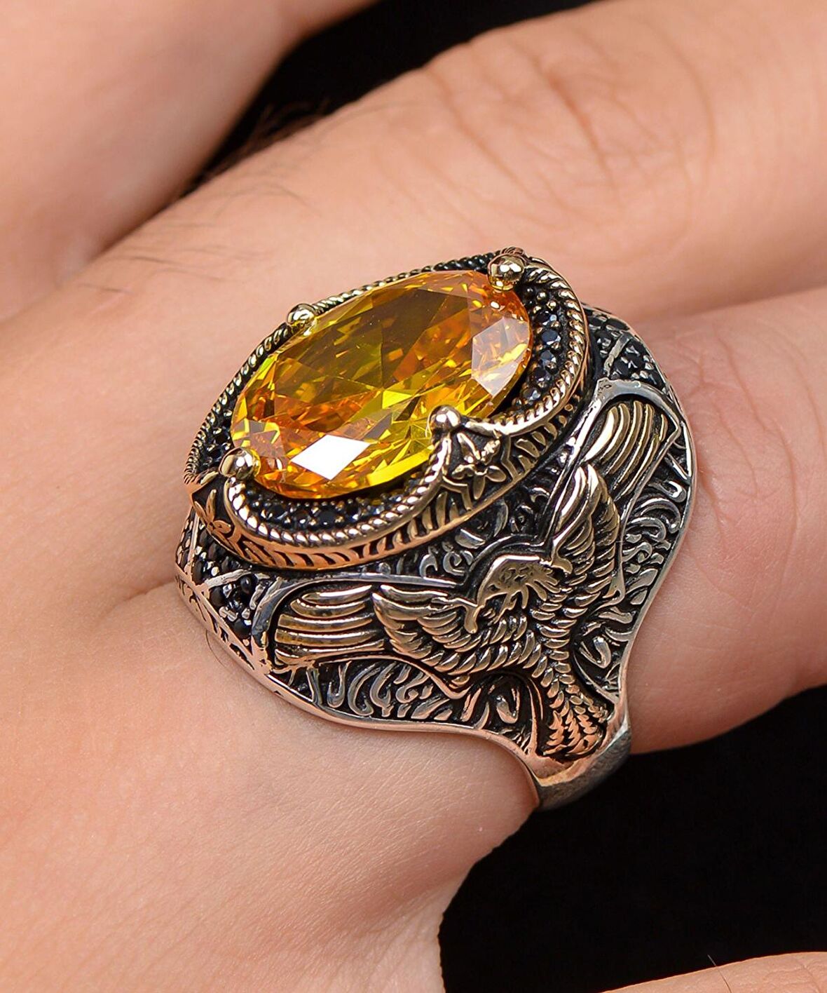 Anka Kuşu Figürlü Sitrin Zirkon Taşlı 925 Ayar Gümüş Erkek Yüzüğü