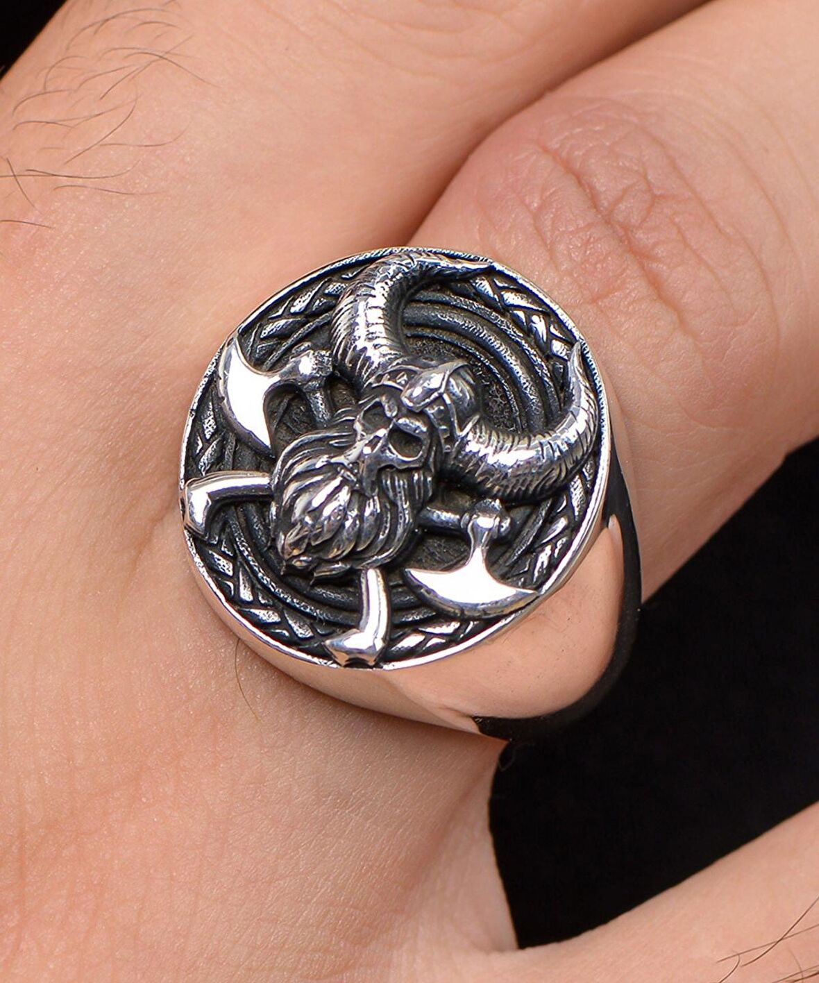 Viking Kurukafa Figürlü 925 Ayar Gümüş Erkek Yüzüğü