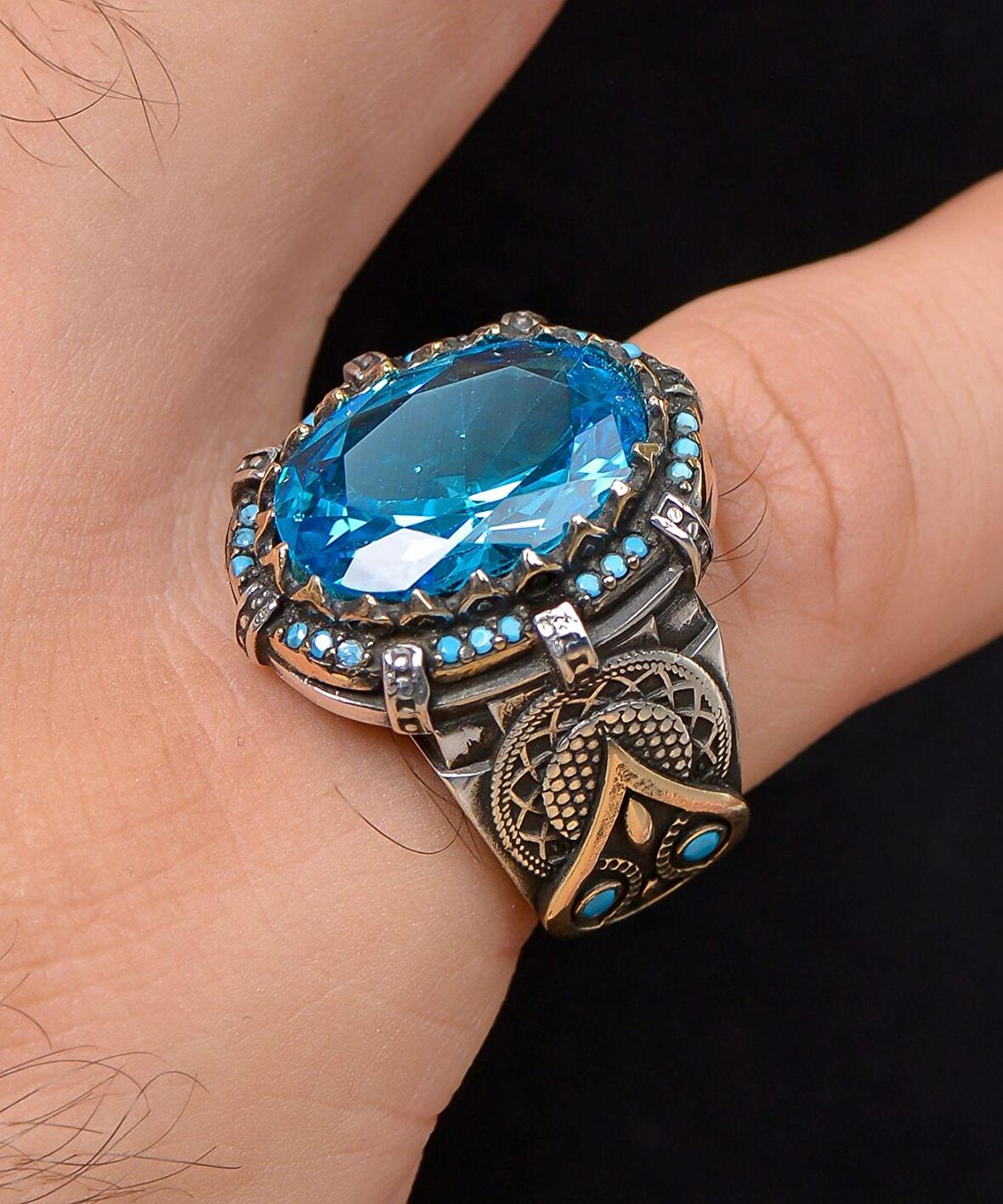 Aquamarine Taşlı Turkuaz Taş Süslemeli 925 Ayar Gümüş Erkek Yüzüğü