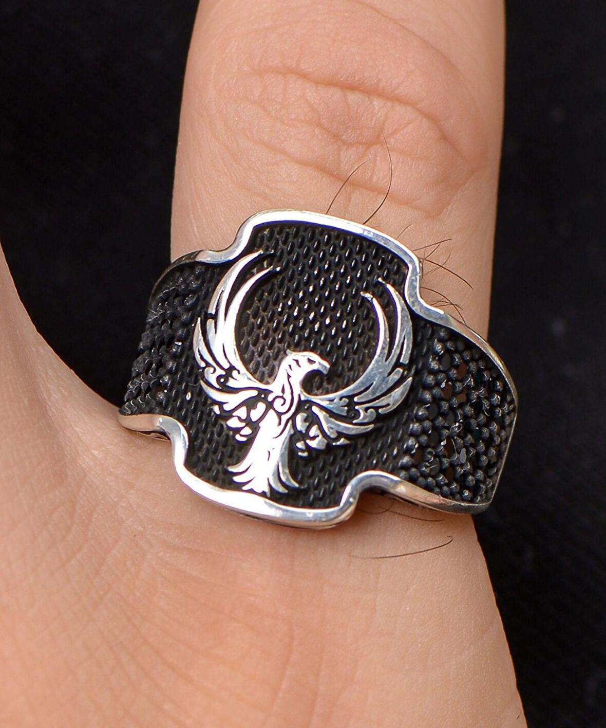 Anka kuşu Figürlü Zirkon Taş Süslemeli 925 Ayar Gümüş Erkek Yüzüğü