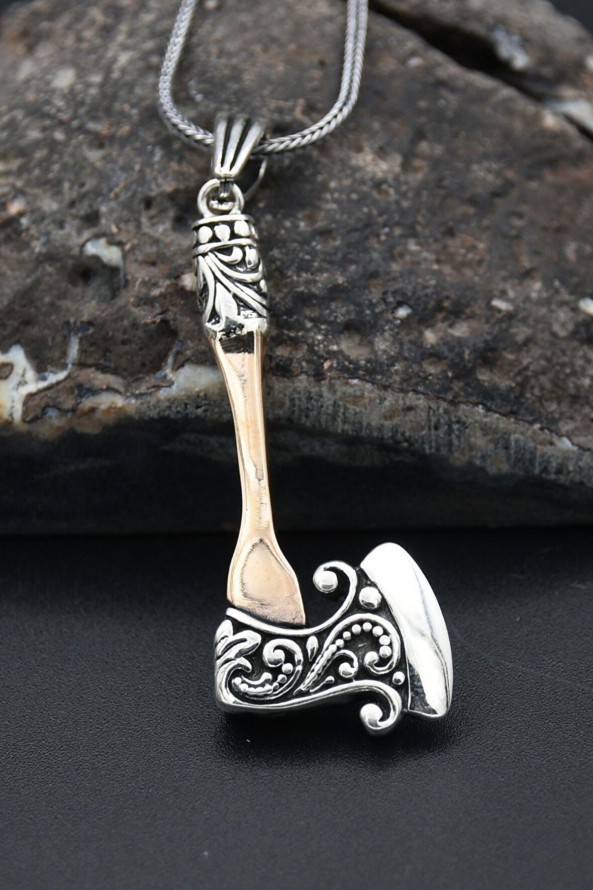 Balta Figürlü 925 Ayar Erkek Gümüş Kolye Zincir