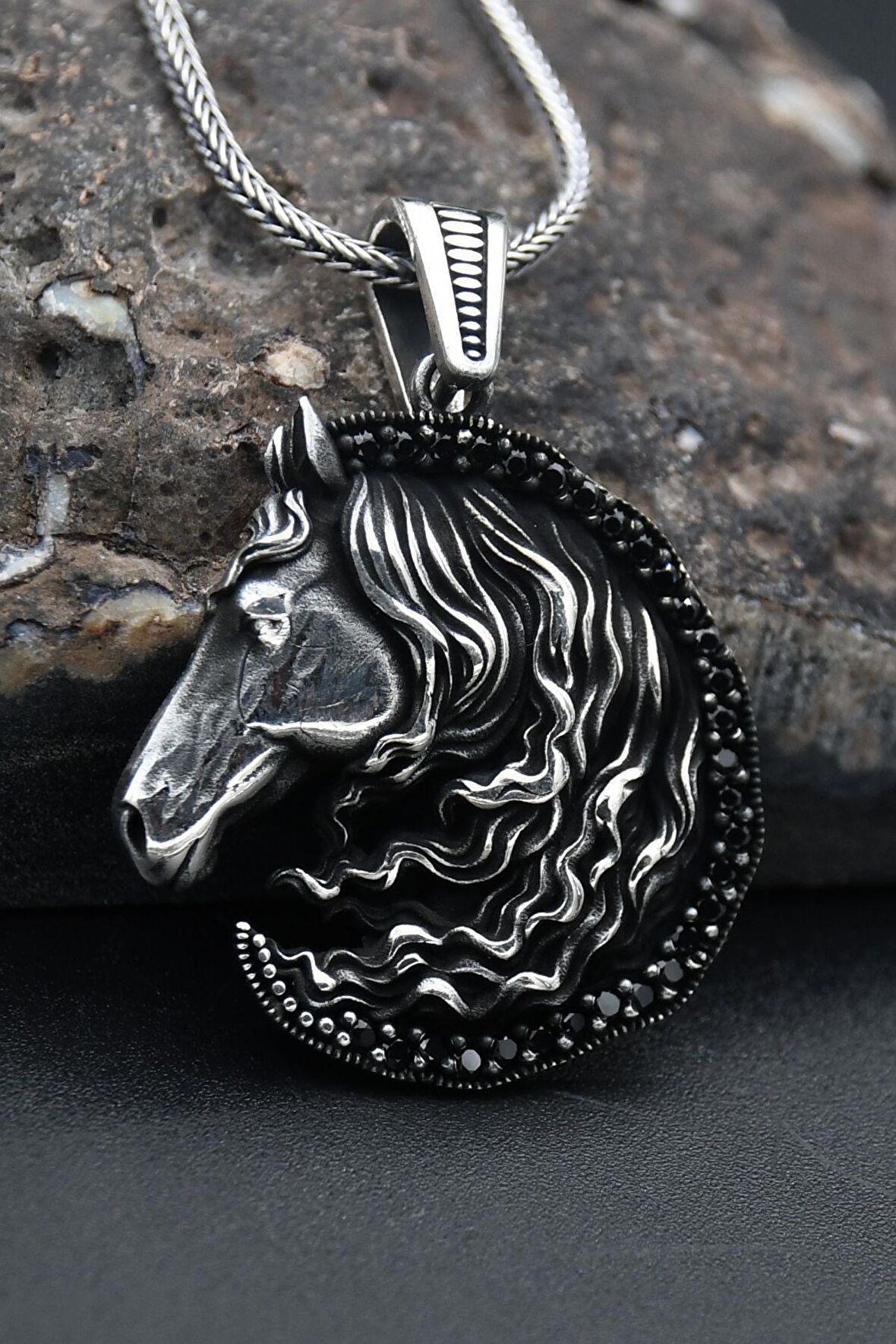 At Figürlü 925 Ayar Erkek Gümüş Kolye Zincir