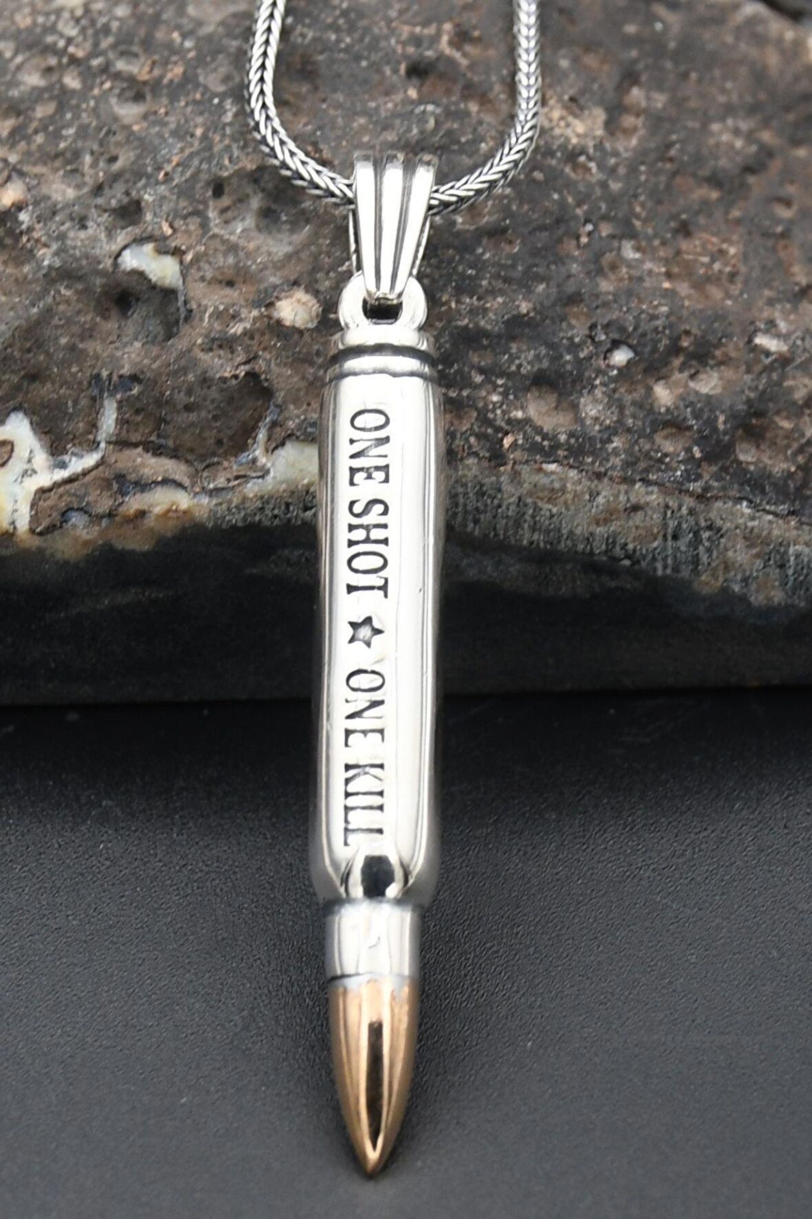 Mermi Modelı (ONE SHOT.ONE KILL) YAZLI 925 Ayar Erkek Gümüş Kolye Zincir