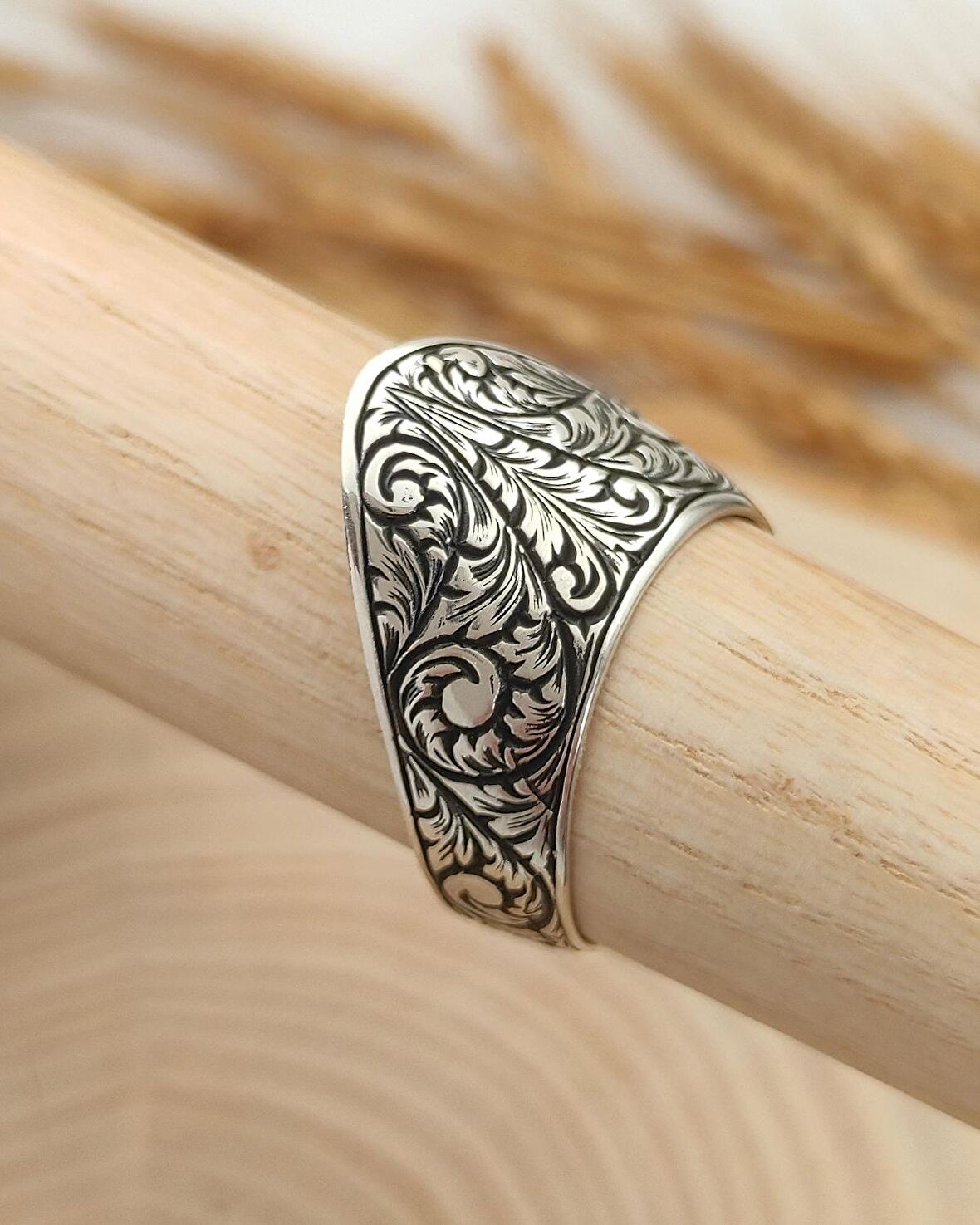 925 Ayar Gümüş Yüzük Kalem İşçilikli Zihgir