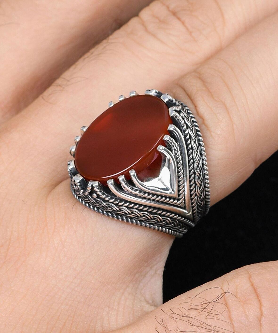 Akik Taşlı 925 Ayar Gümüş Erkek Yüzüğü