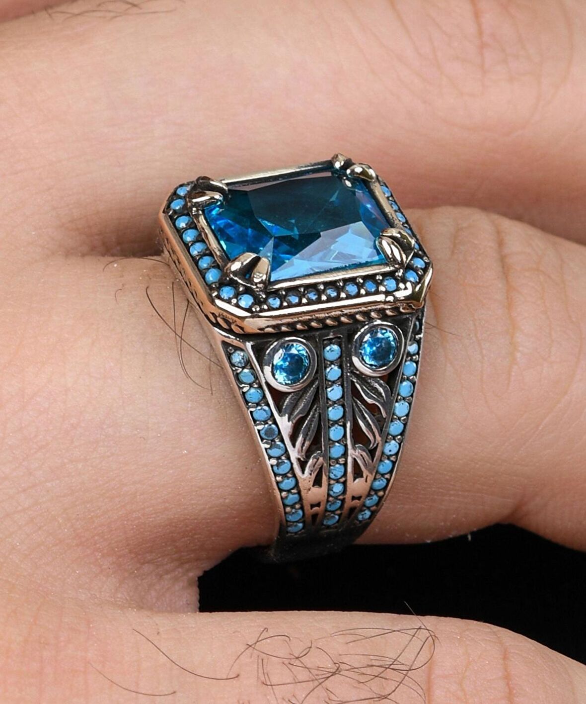Aquamarine Taşlı Turkuaz Taş Süslemeli 925 Ayar Gümüş Erkek Yüzüğü