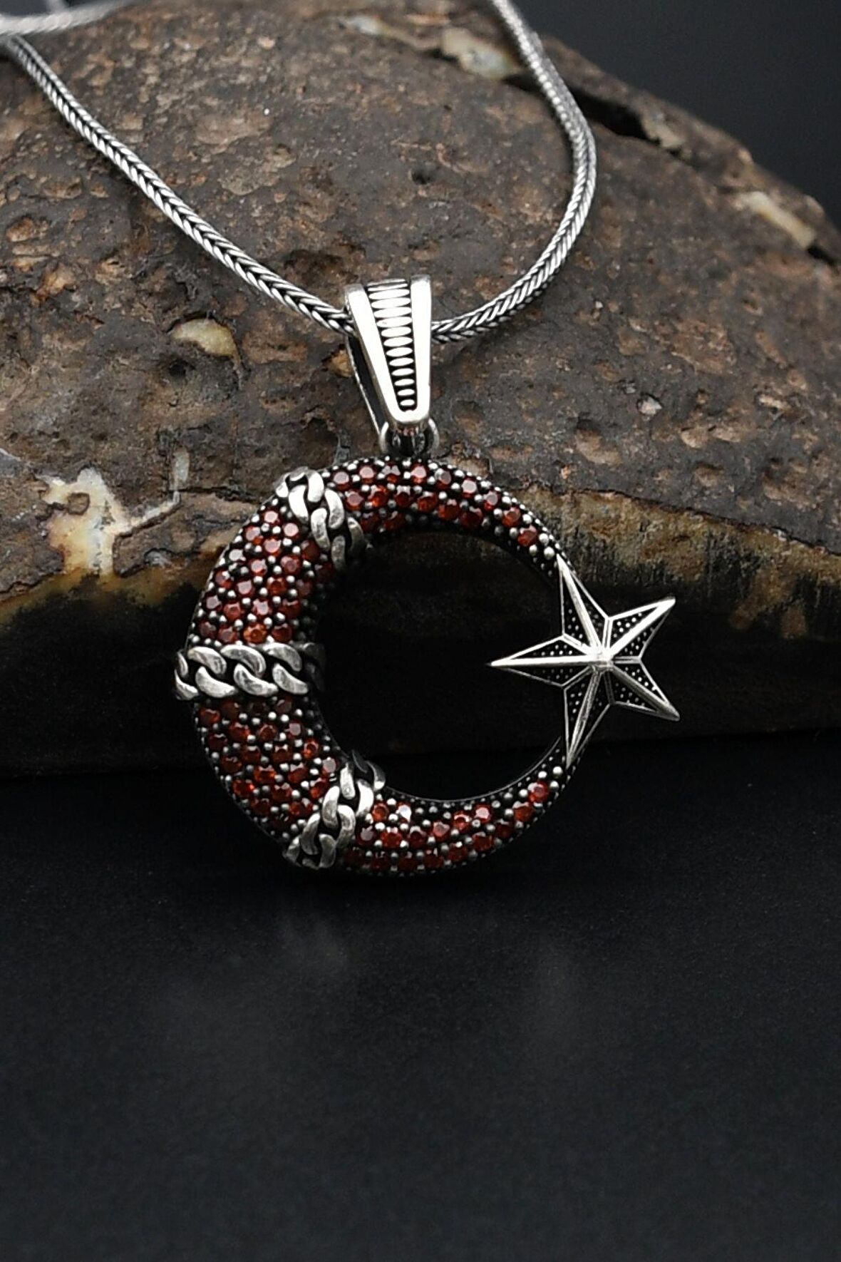 925 Ayar Ay Yıldızlı Gümüş Erkek Kolye Zincir 