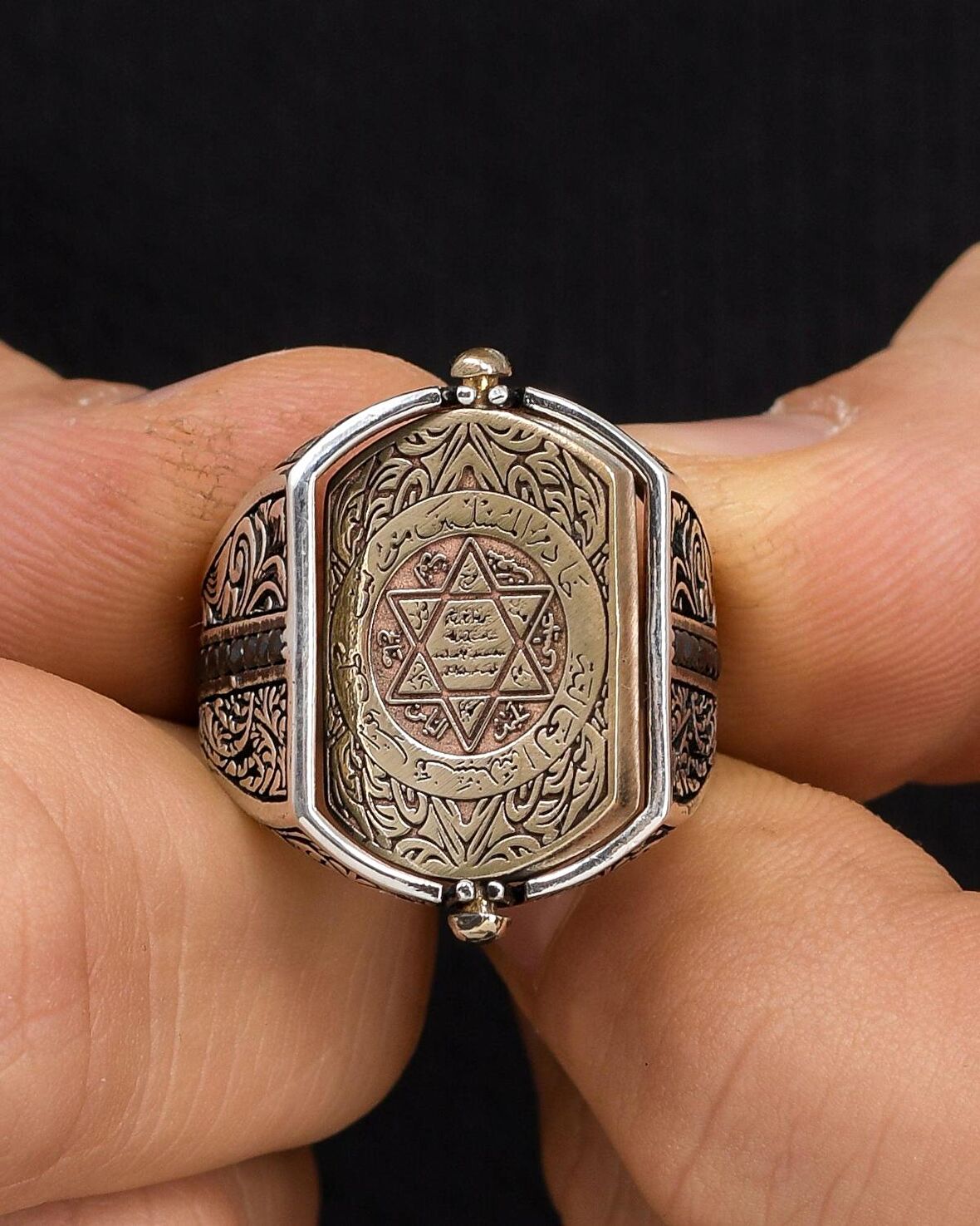 Hz. Süleyman Mührü Ve Ayetel Kürsi Çift Tarafli 925 Ayar Gümüş Erkek Yüzüğü