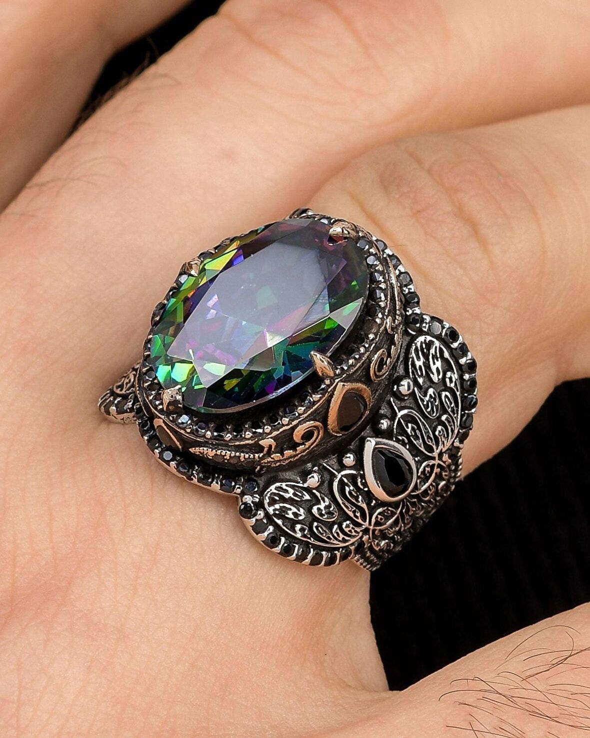 Mistik Topaz Taşlı Mikro Taş Süslemeli 925 Ayar Gümüş Erkek Yüzüğü