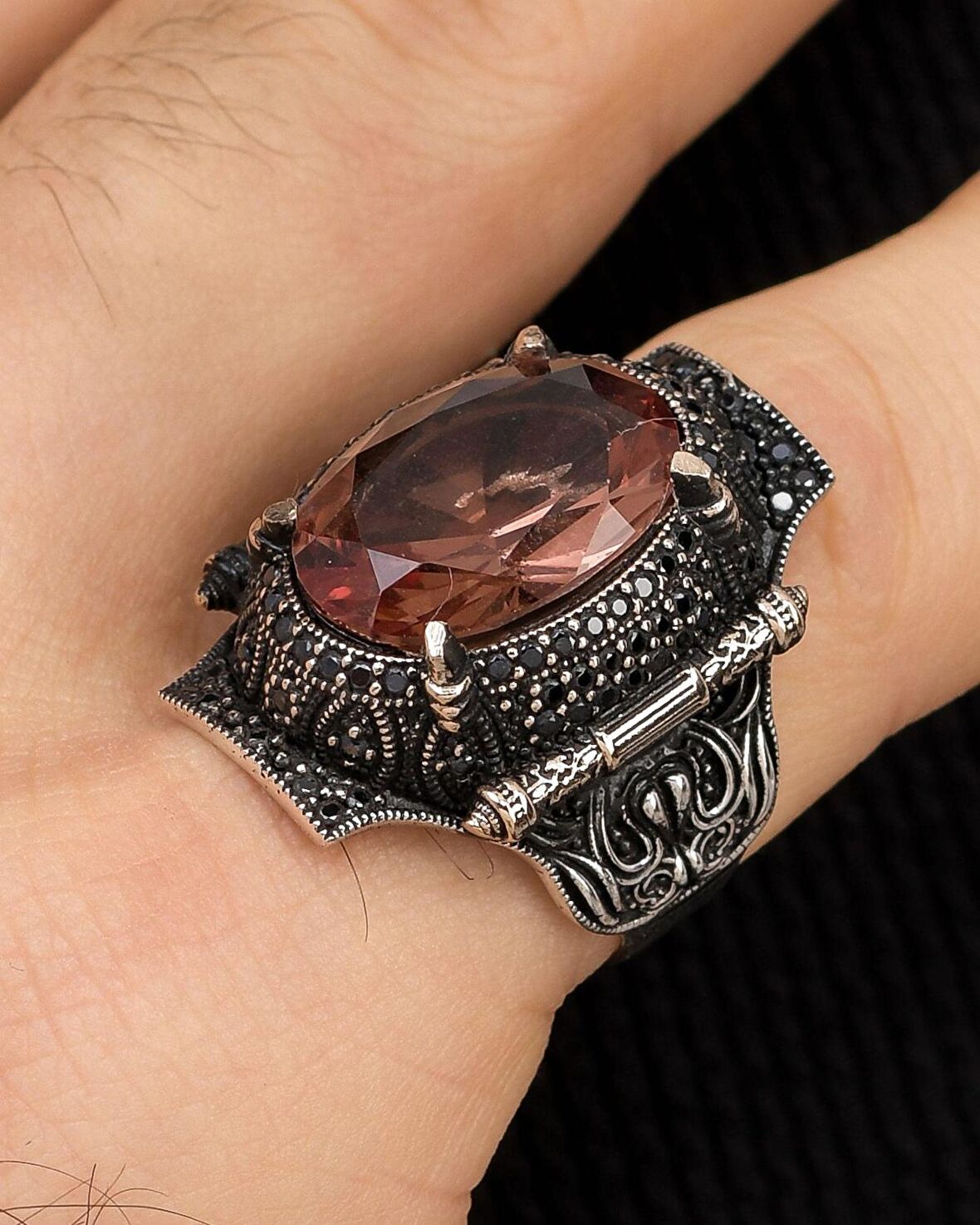 Zultanit Taşlı Mikro Taş Süslemeli 925 Ayar Gümüş Erkek Yüzüğü