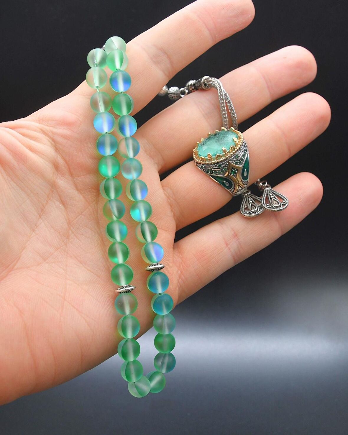 Paraiba Taşlı 925 Ayar Gümüş Erkek Yüzüğü Ve 33'lük Doğal Termal Kuvars Taşlı Tesbih Seti
