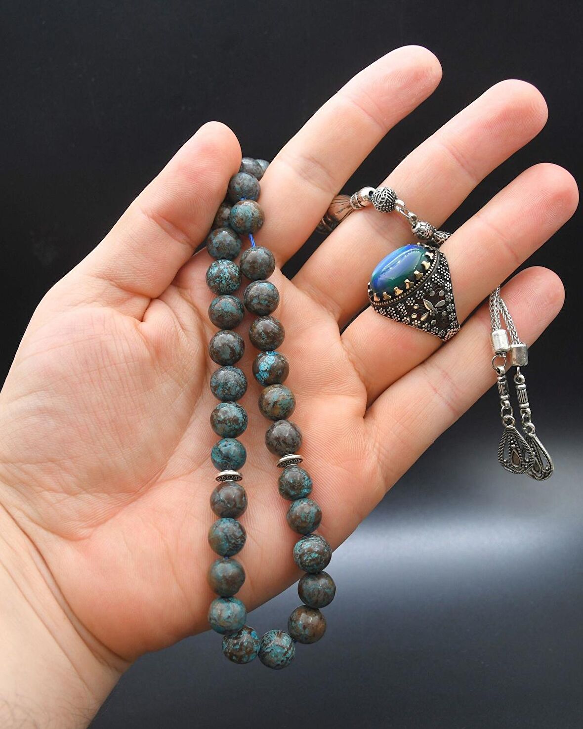 33'lük Doğal Apatit Taşlı Tesbih Seti Ve 925 Ayar Gümüş Kaplan Gözü Taşlı Erkek Yüzüğü 