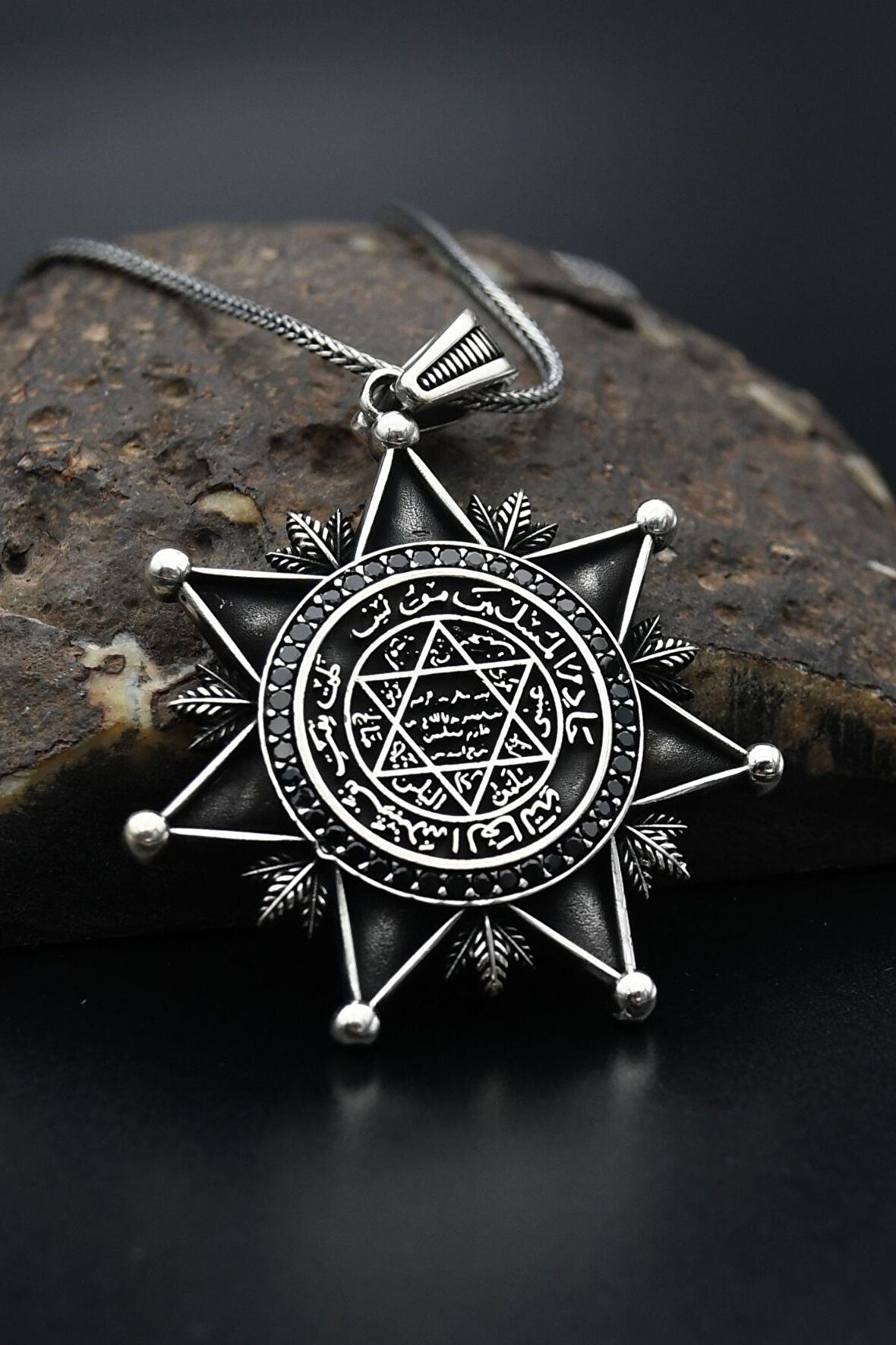 925 Ayar Gümüş Hz. Süleyman Mührü Erkek kolye Zincir