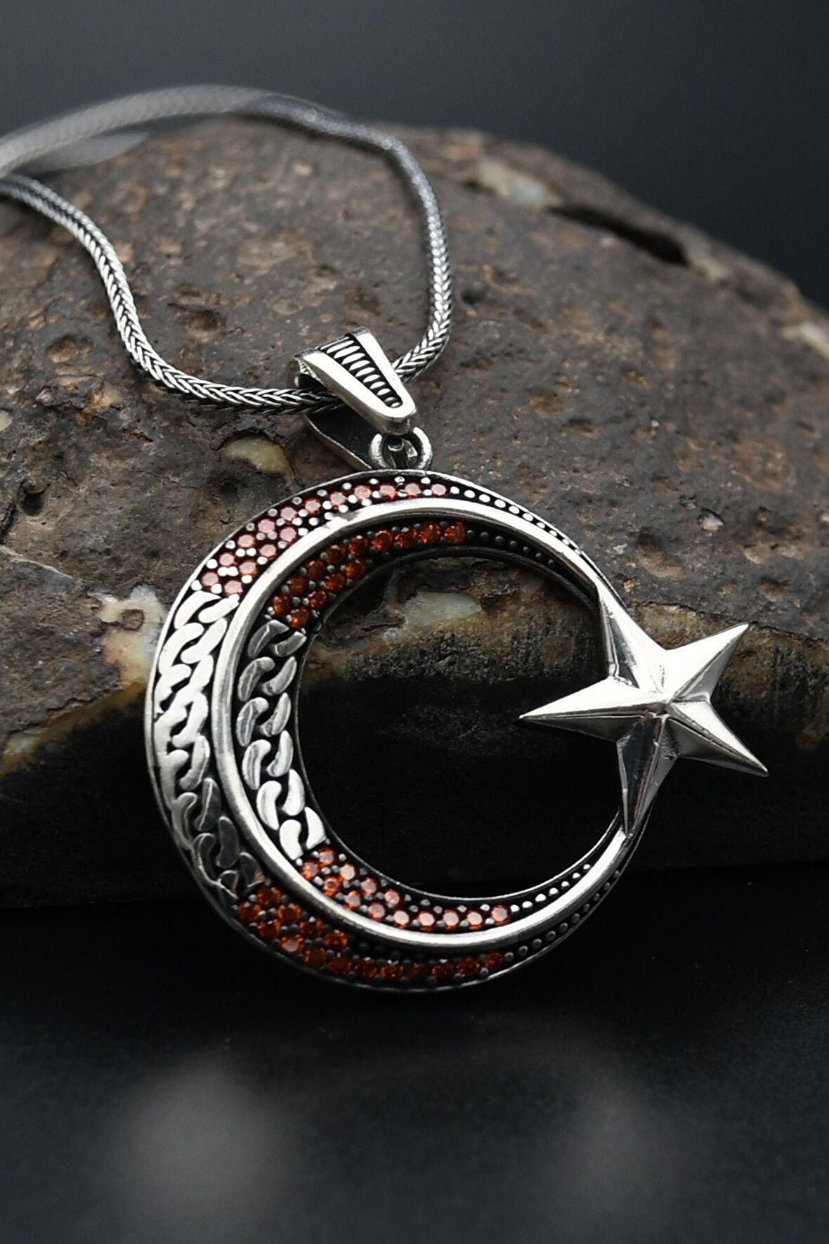 925 Ayar Gümüş Zincir Kolye Ay Yıldızlı Zirkon Taş Süslemeli