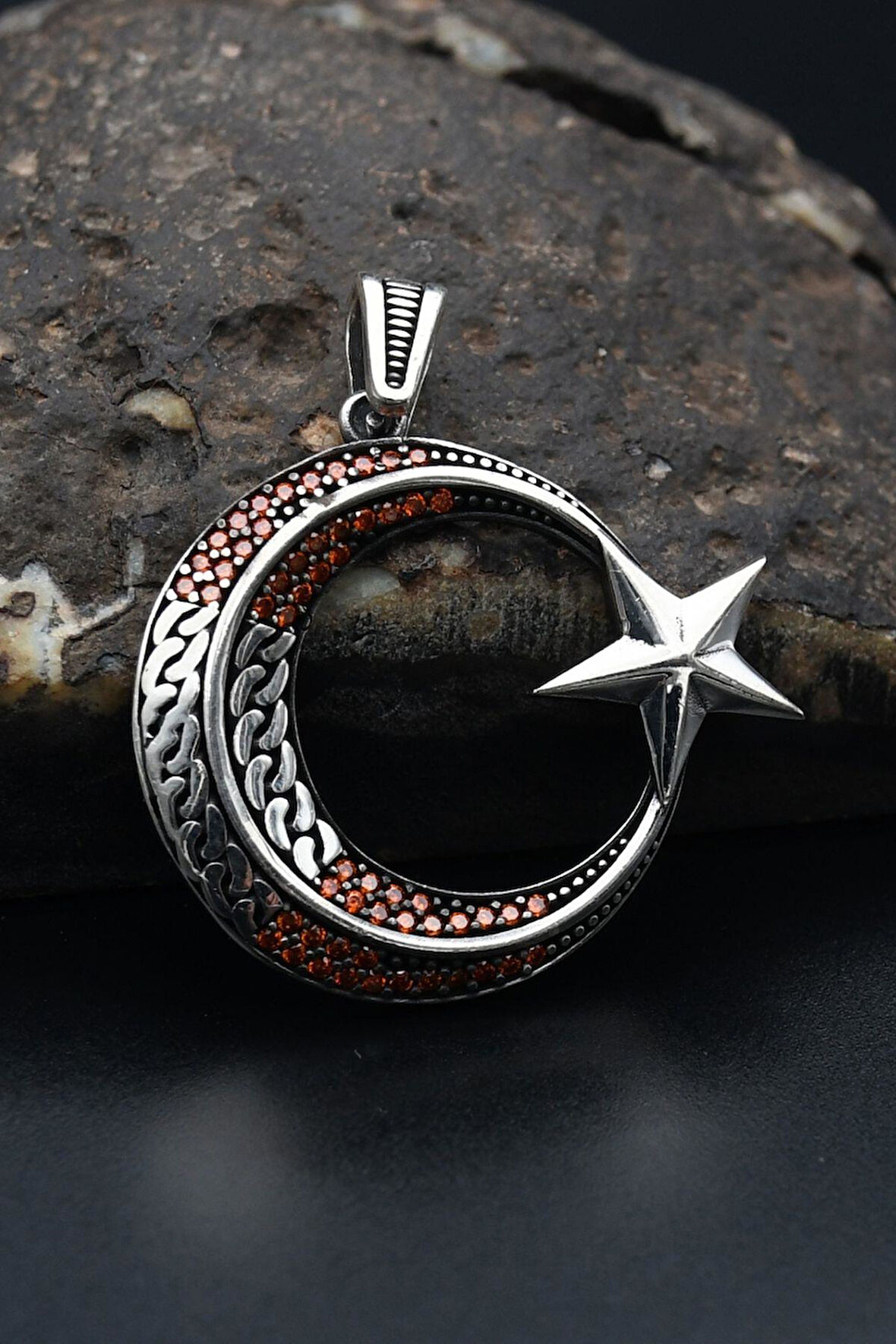 Kolye Ucu 925 Ayar Gümüş Ay Yıldızlı (Ay yıldız) Zirkon Taş Süslemeli 