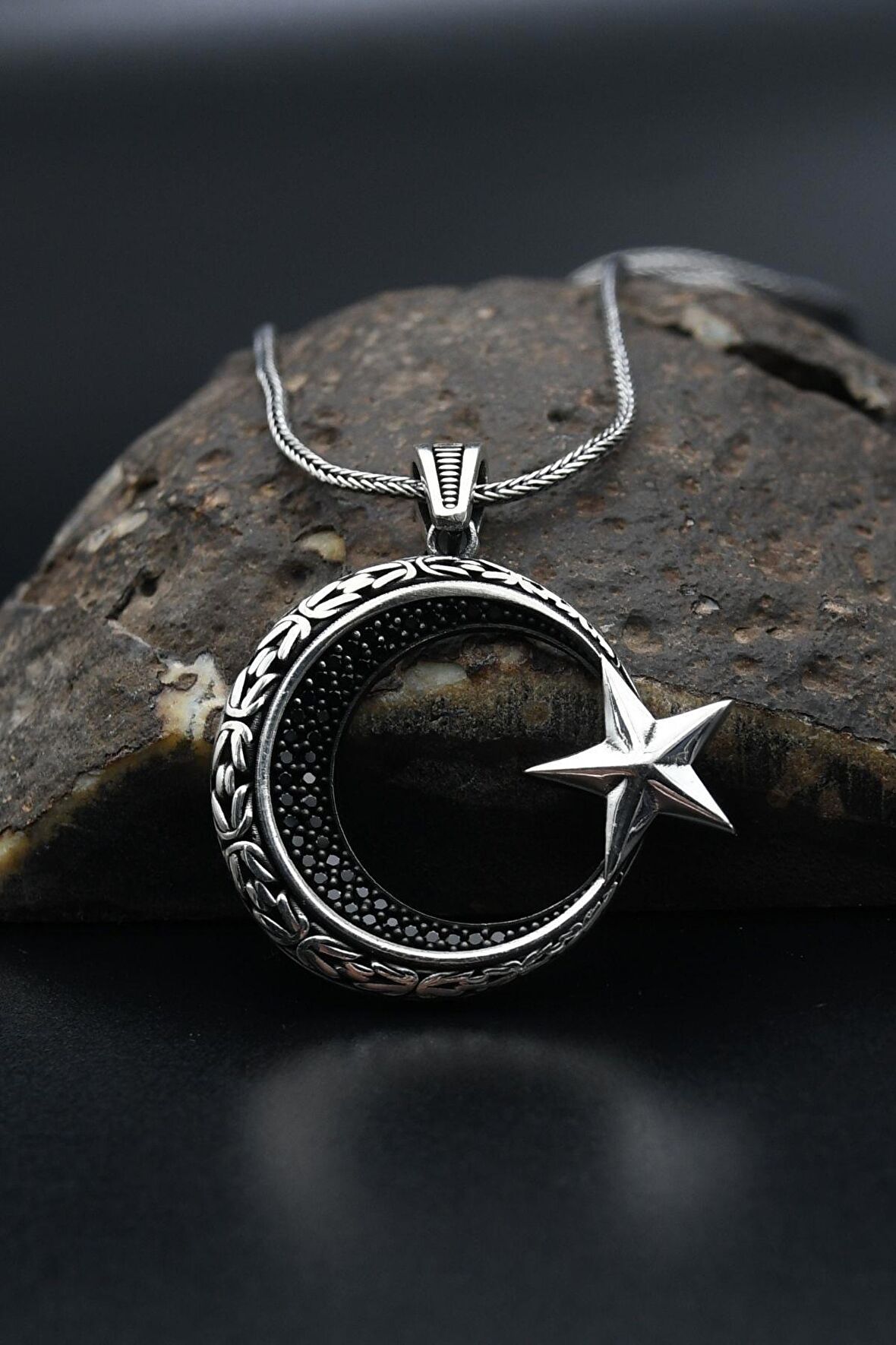 Ay Yıldızlı (Ay Yıldız) Zirkon Taş Süslemeli Kolye Gümüş Zincir 925 Ayar