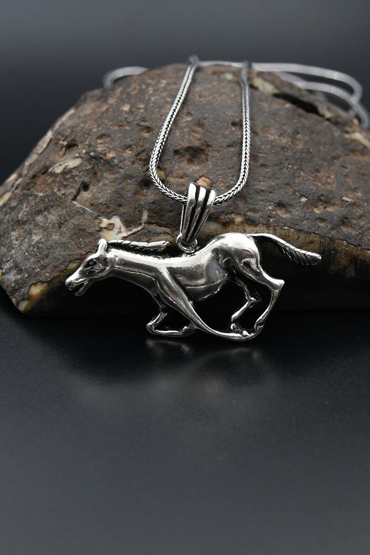 At Figürlü Gümüş Erkek Kolye Zincir 925 Ayar