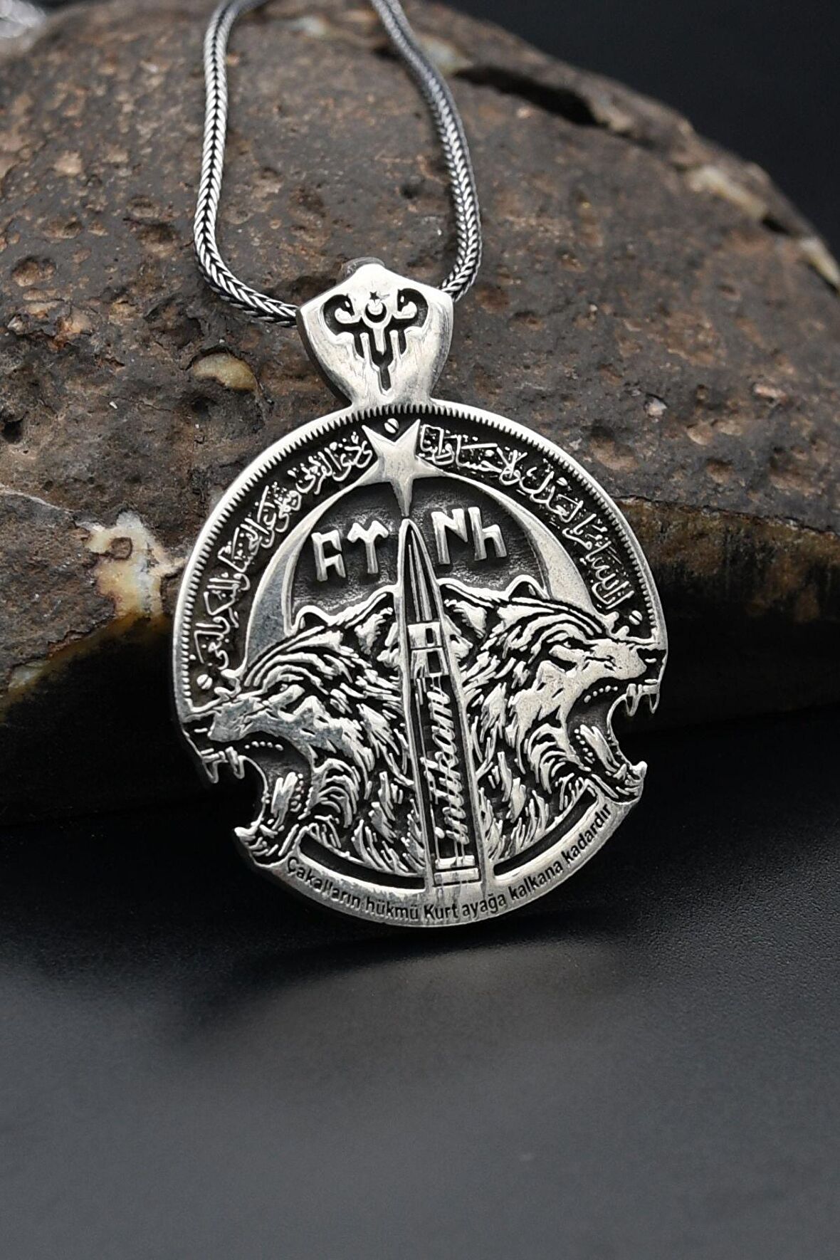 Bozkurt Göktürkçe Türk Yazılı Erkek Gümüş Kolye Zincir