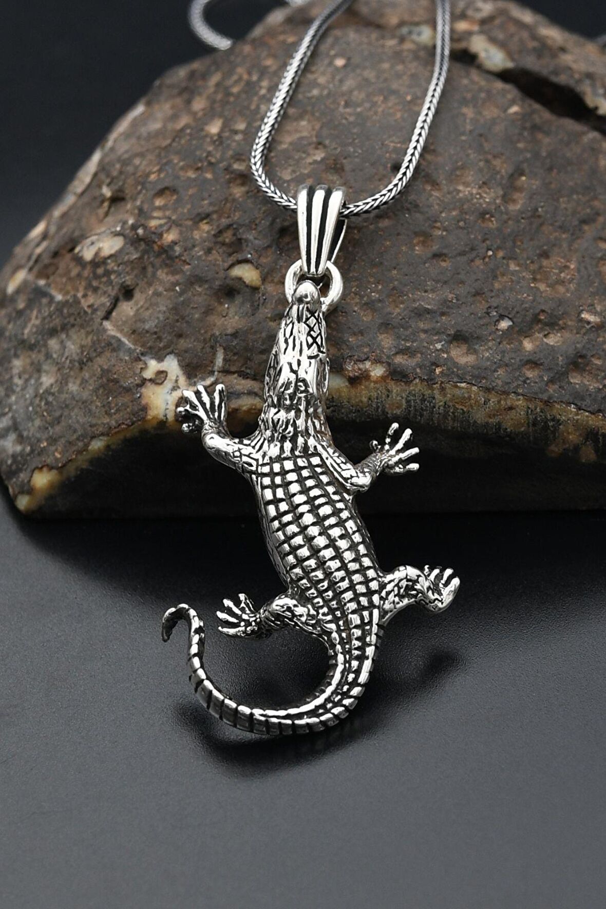 Timsah Figürlü 925 Ayar Gümüş Erkek Kolye Zincir 