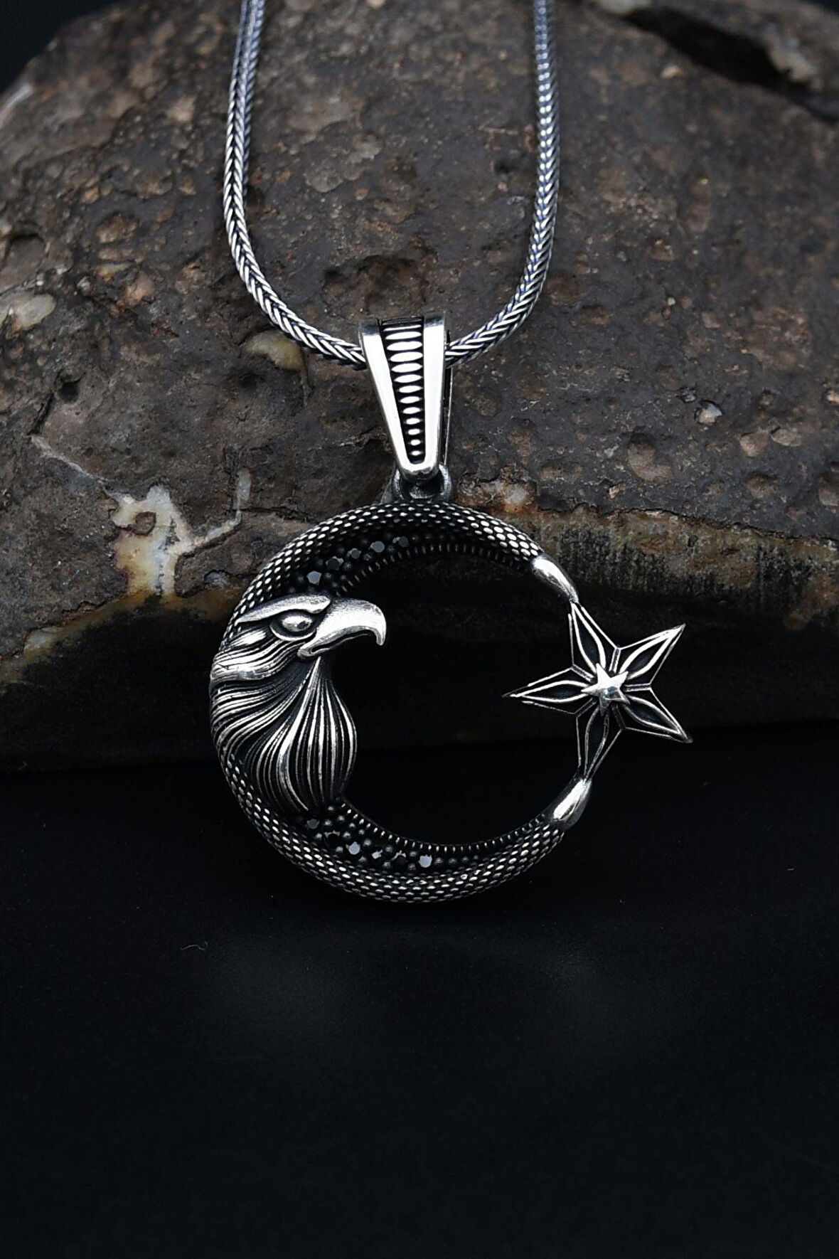 Kolye Zincir Ay Yıldızlı Kartal Figürlü 925 Ayar Gümüş