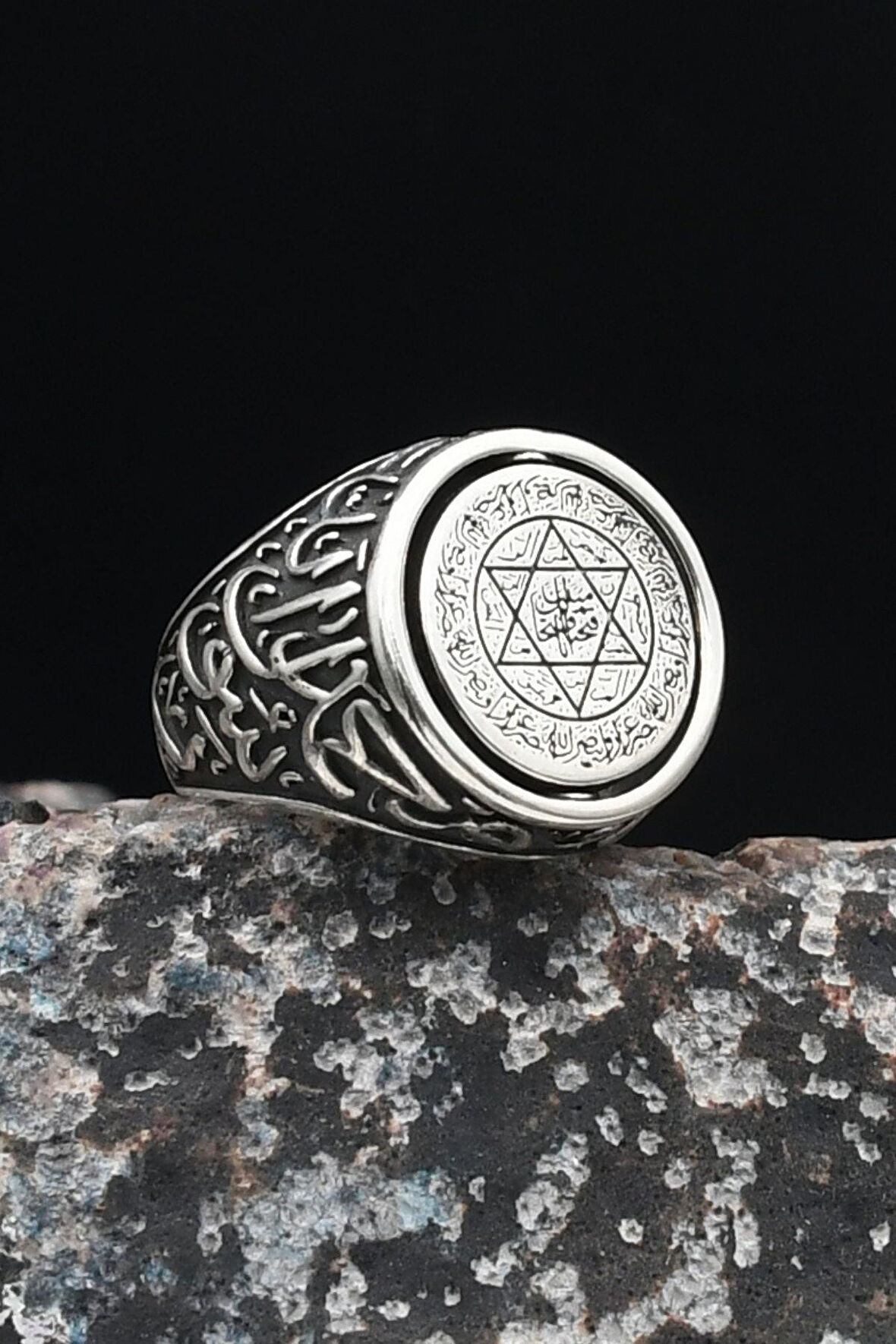 Çift Tarafli Hz. Süleyman Mührü 925 Ayar Gümüş Erkek Yüzüğü Kelime-İ Tevhid Yazlı 901047