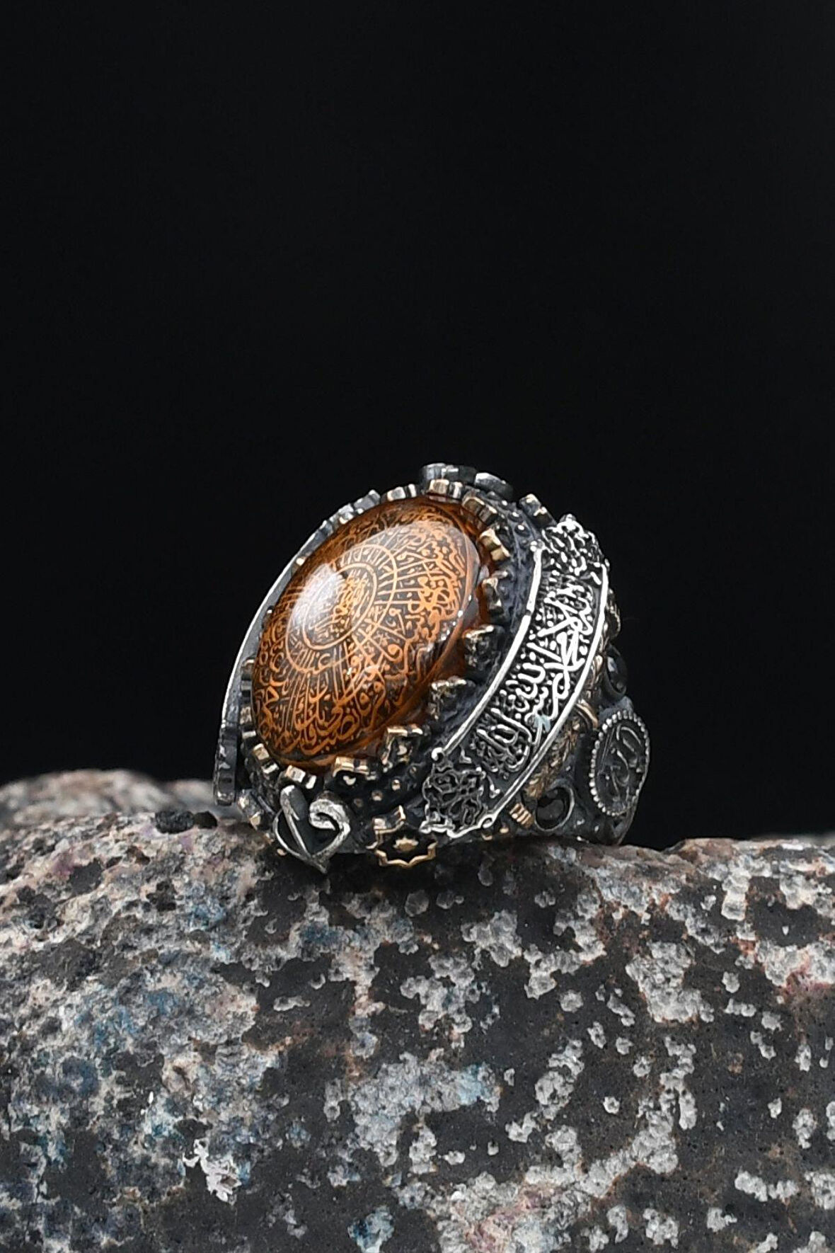 Özel Tasarım Inşirah Suresi Gümüş Erkek Yüzüğü Allah ve Muhammed ve Kelime-İ Tevhid Yazlı