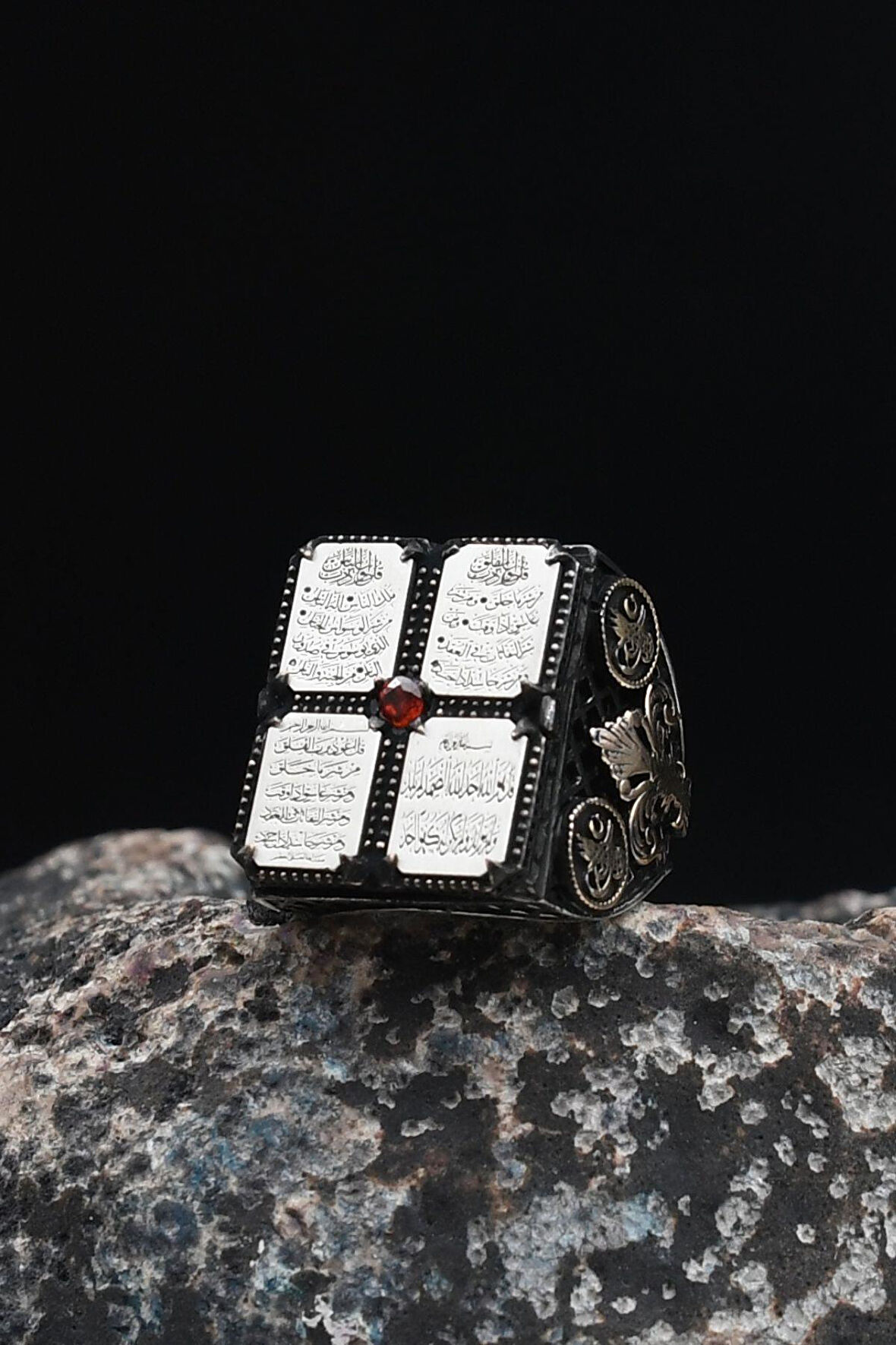 Nas ve Felak ve İhlas Sureleri 925 Ayar Gümüş Erkek Yüzüğü Tuğralı