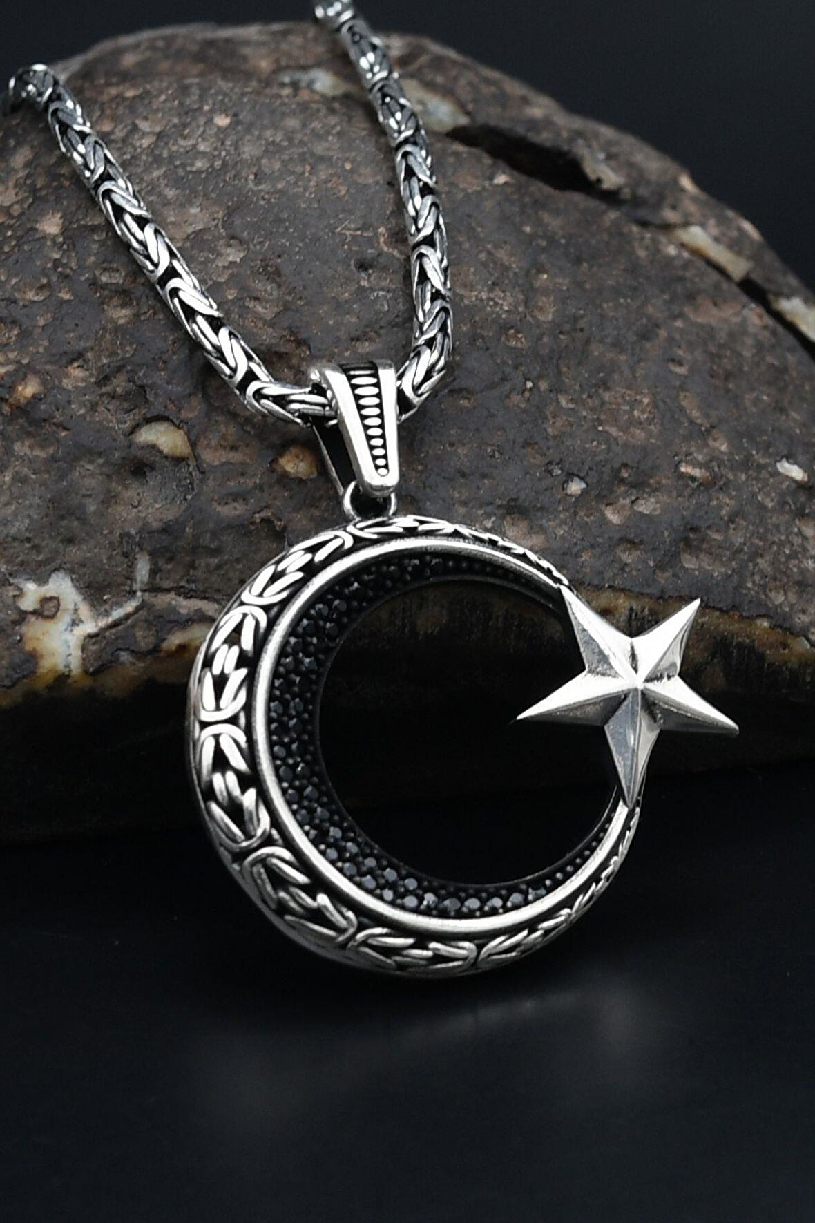 Ay Yıldızlı (AYYILDIZLI) Zirkon Taş Süslemeli Kral Zincirli 925 Ayar Gümüş Kolye 901077