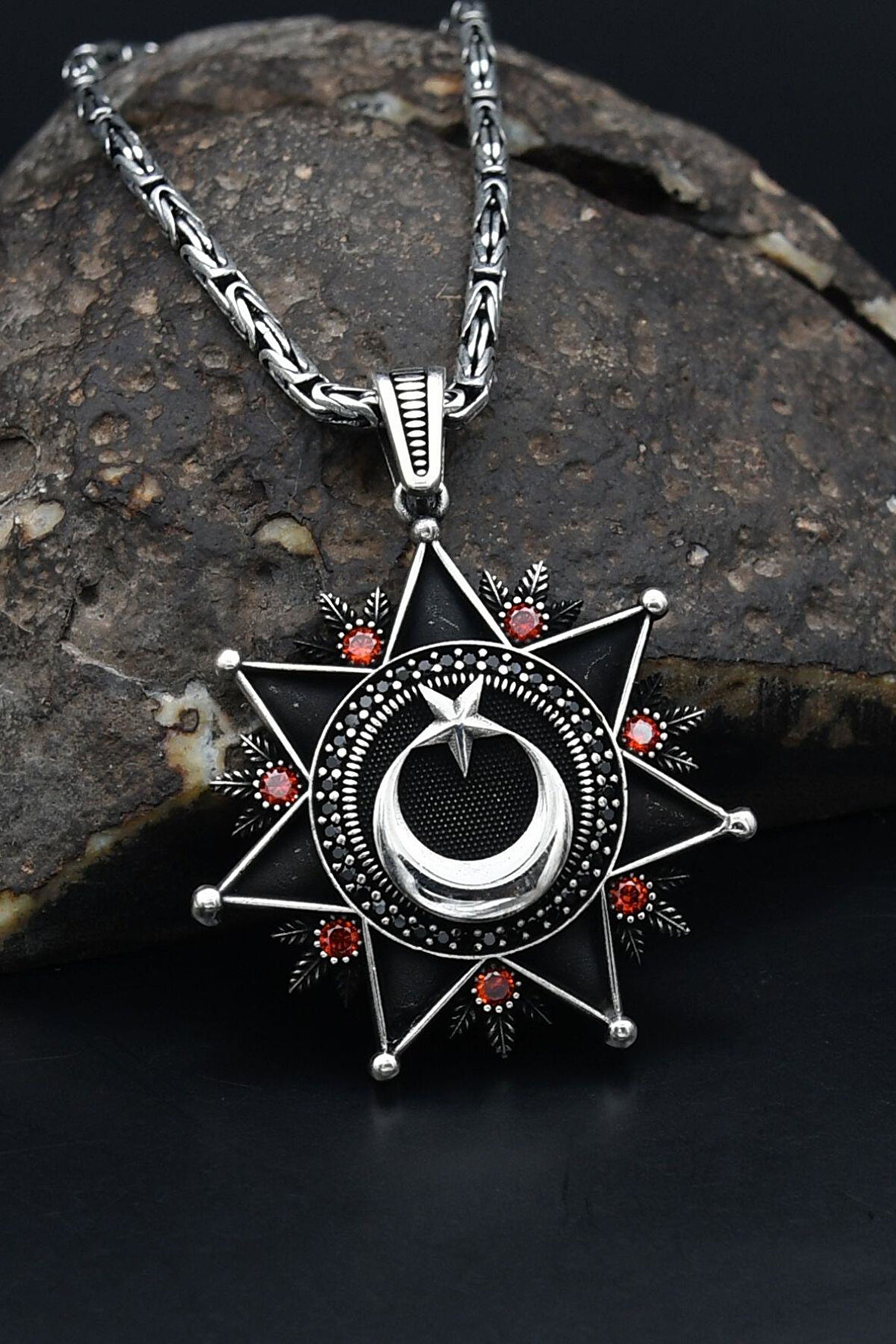 Ay Yıldızlı (AYYILDIZLI) Zirkon Taş Süslemeli Kral Zincirli 925 Ayar Gümüş Kolye 901080