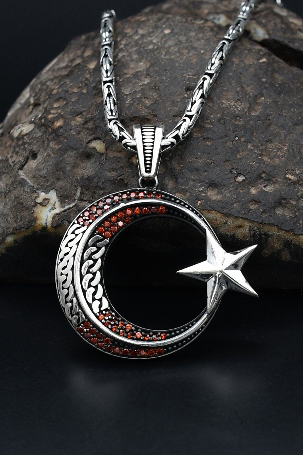 Ay Yıldızlı (AYYILDIZLI) Zirkon Taş Süslemeli Kral Zincirli 925 Ayar Gümüş Kolye 901081