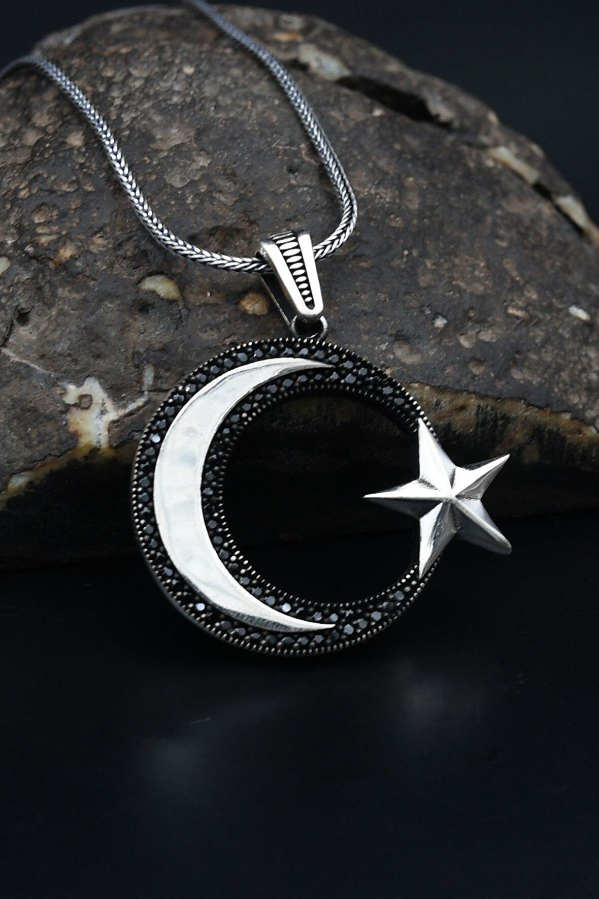 Ay Yıldızlı (AYYILDIZLI) Siyah Zirkon Taş Süslemeli 925 Ayar Gümüş Kolye Zincir 901111