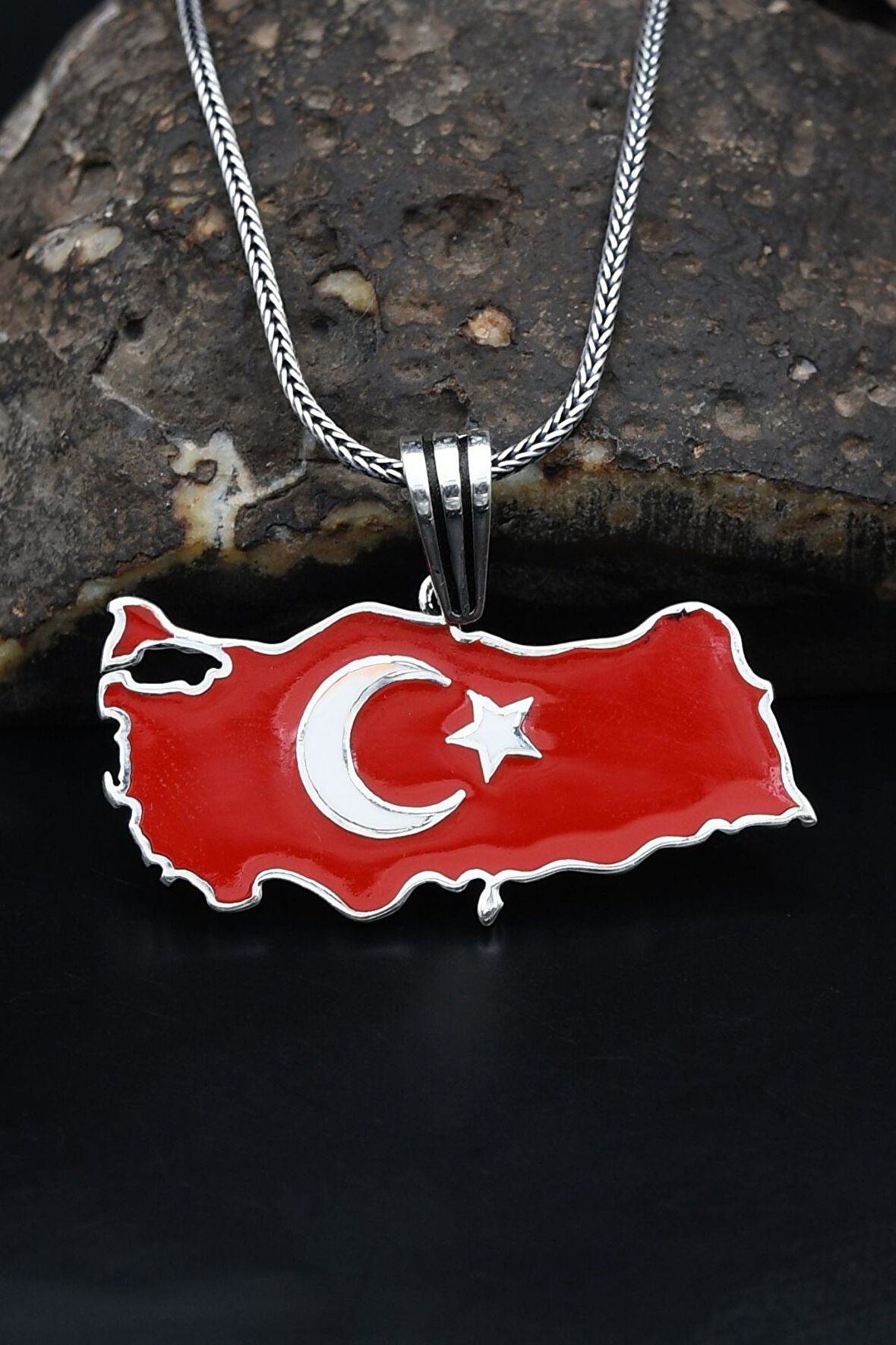 Türk Bayrağı ( Ay Yıldızlı ) Mineli  925 Ayar Gümüş Kolye Zincir 901119