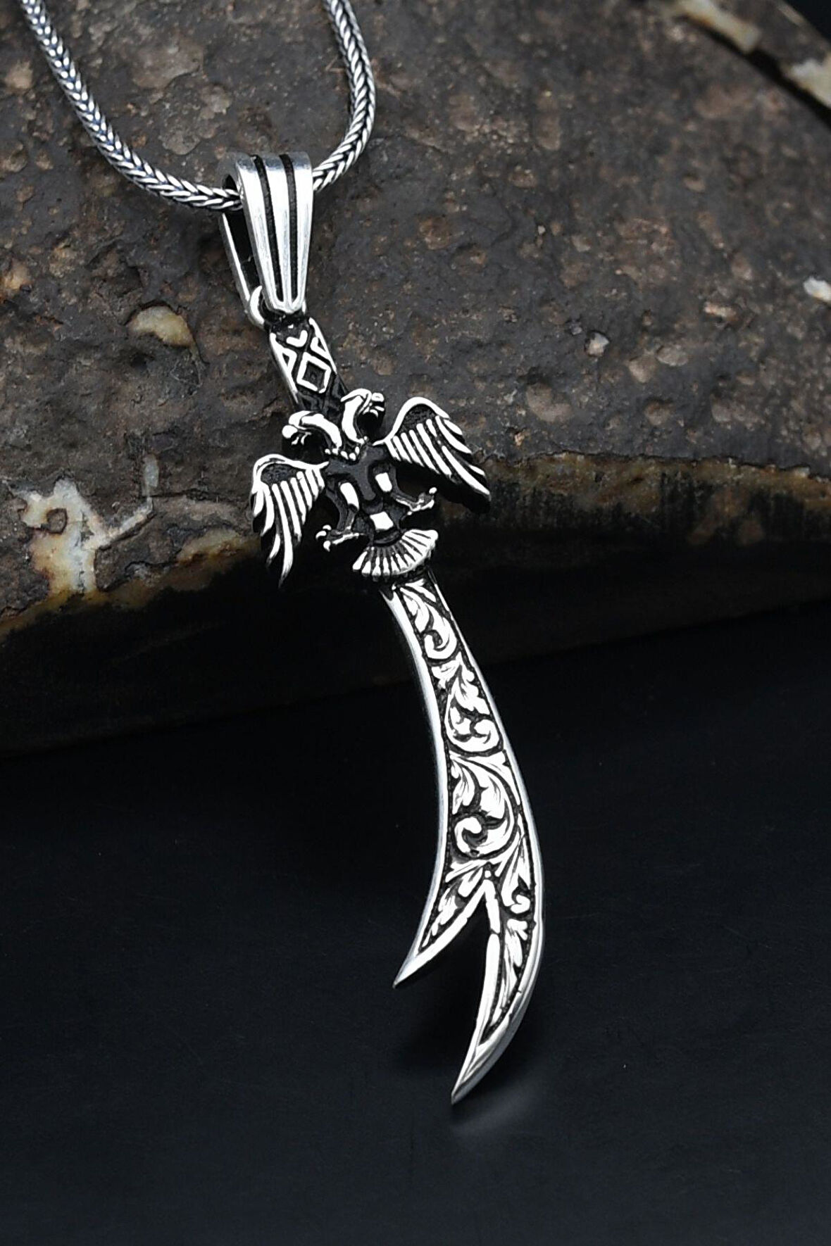 Çift Başlı Kartal (SELÇUKLU KARTALI) ve Hz. Ali Zülfikar Kılıcı 925 Ayar Gümüş Erkek Kolye Zincir 901122