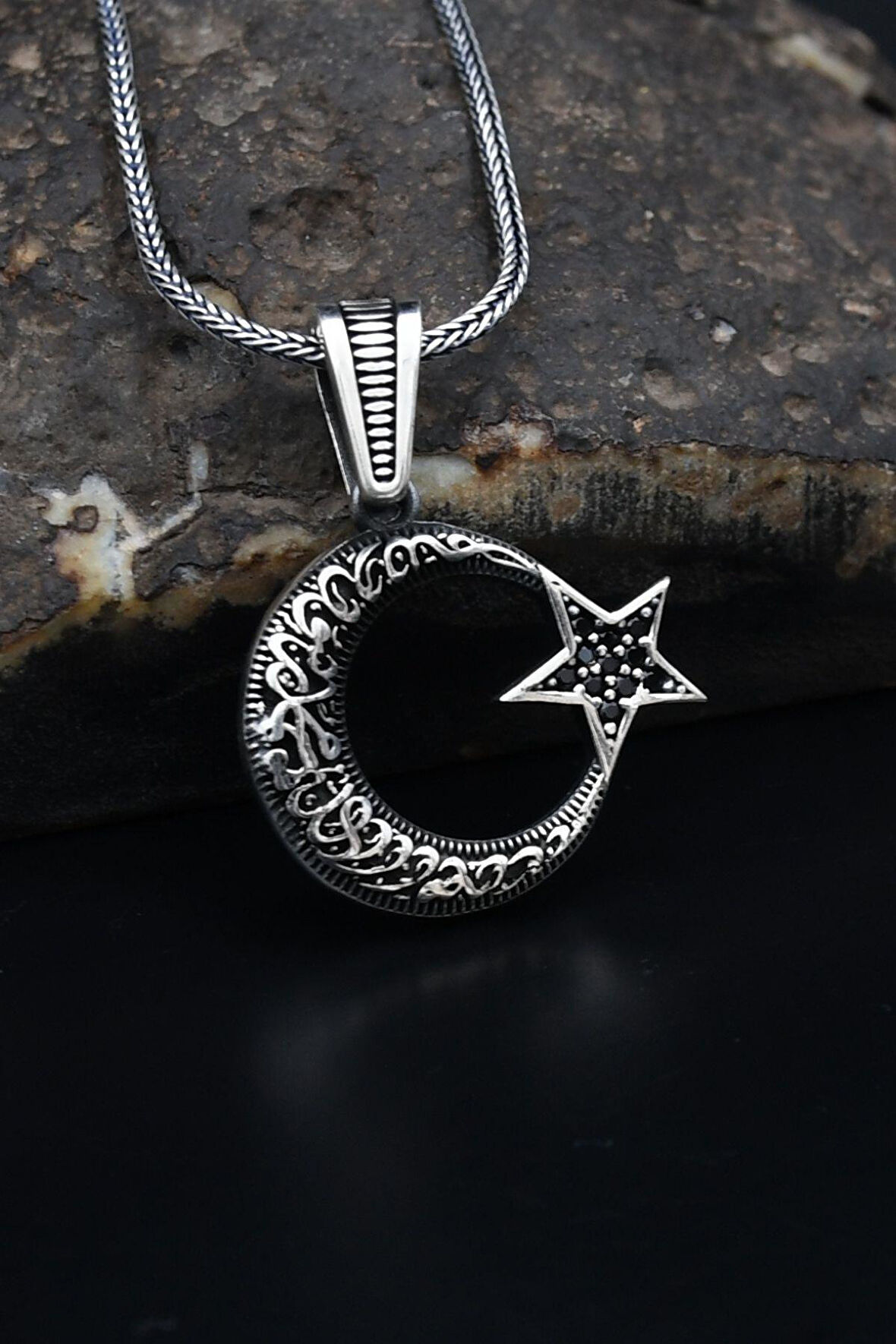 Ay Yıldızlı (AYYILDIZLI) Kelime-i Tevhid Yazlı 925 Ayar Gümüş Erkek Kolye Zincir 901124