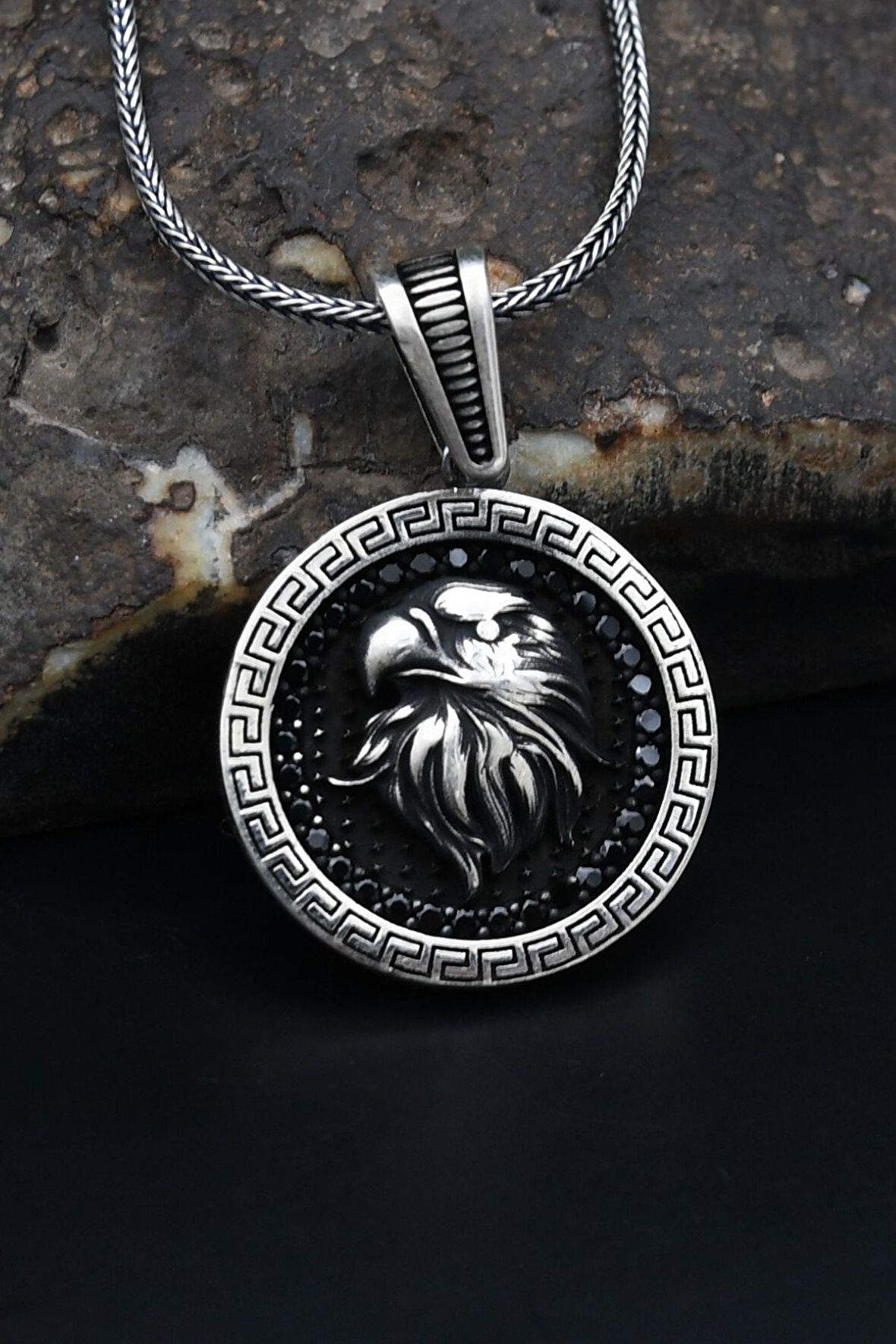 Grek Desenli Kartal Figürlü Mikro taş Süslemeli 925 Ayar Gümüş Kolye Zincir 901131