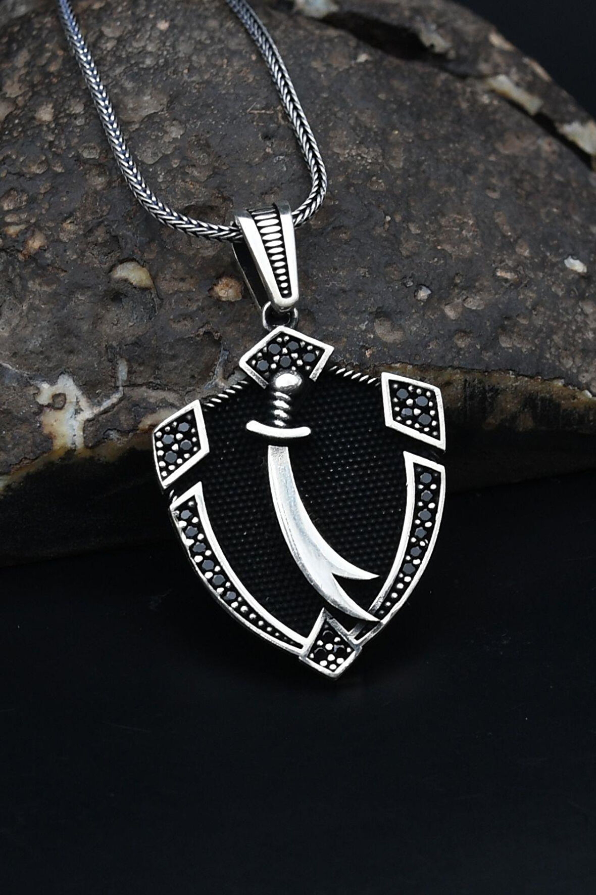 Üçgen Desenli Hz. Ali ( Zülfikar Kılıcı ) Erkek Kolye Zincir 925 Ayar Gümüş 901135