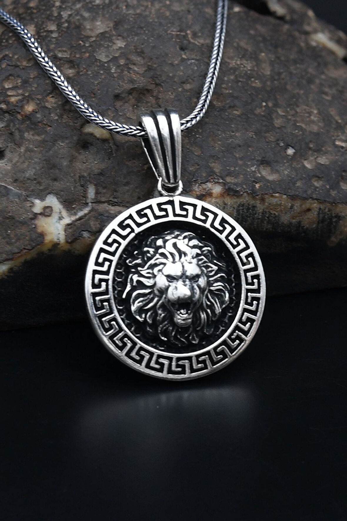 Aslan Figürlü Grek Desenli 925 Ayar Gümüş Kolye Zincir 901142