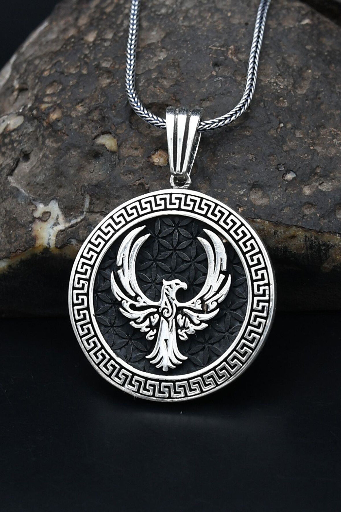 Anka kuşu Figürlü Grek Desenli 925 Ayar Gümüş Kolye Zincir 901145