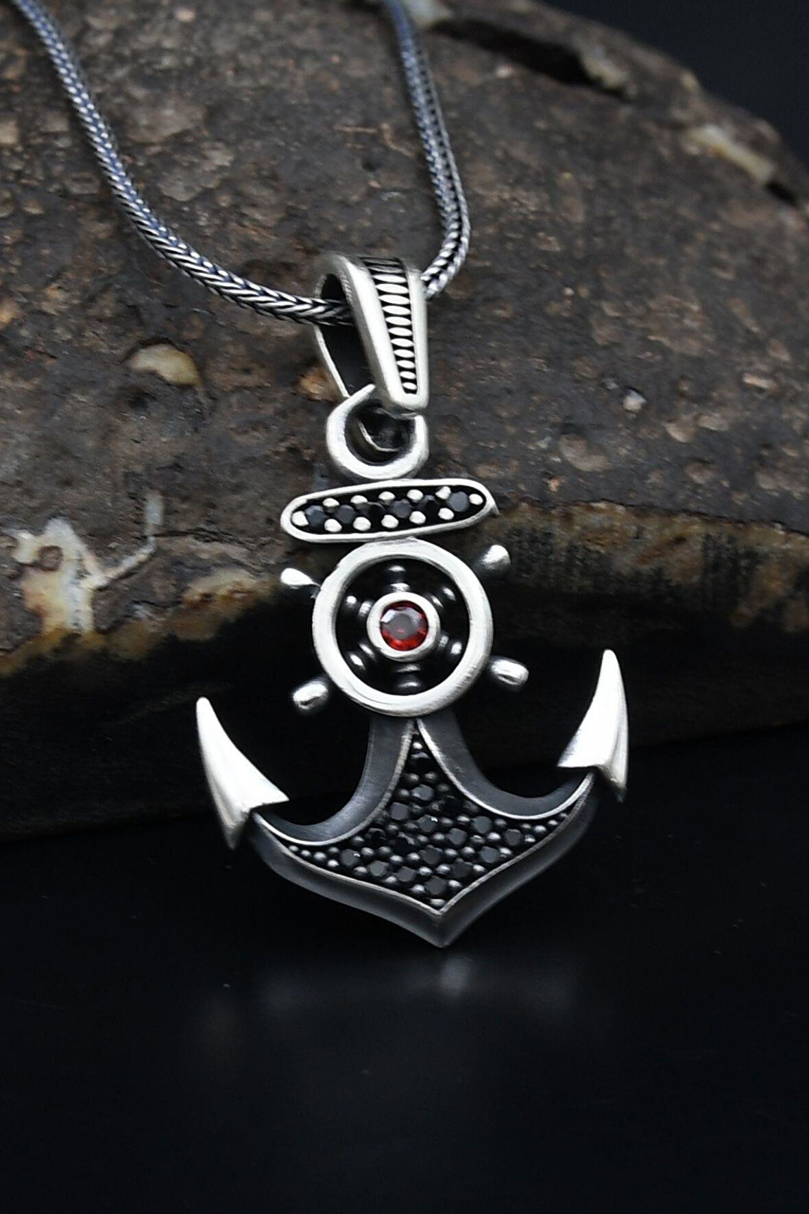 Çapa Dümen Mikro taş Süslemeli 925 Ayar Erkek Gümüş Kolye Zincir 901150